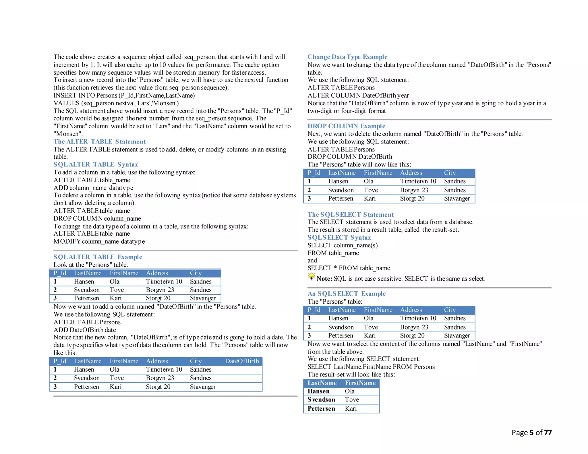 Page 5 of 77
The code above creates a sequence object called seq_person, that starts with 1 and will
increment by 1. It will also cache up to 10 values for performance. The cache option
specifies how many sequence values will be stored in memory for faster access.
To insert a new record into the"Persons" table, we will have to use thenextval function
(this function retrieves thenext value from seq_person sequence):
INSERT INTO Persons (P_Id,FirstName,LastName)
VALUES (seq_person.nextval,'Lars','Monsen')
The SQL statement above would insert a new record into the "Persons" table. The"P_Id"
column would be assigned thenext number from the seq_person sequence. The
"FirstName" column would be set to "Lars" and the "LastName" column would be set to
"Monsen".
The ALTER TABLE Statement
The ALTER TABLE statement is used to add, delete, or modify columns in an existing
table.
SQLALTER TABLE Syntax
To add a column in a table, use the following syntax:
ALTER TABLEtable_name
ADD column_name datatype
To delete a column in a table, use the following syntax(notice that some database systems
don't allow deleting a column):
ALTER TABLEtable_name
DROP COLUMN column_name
To change the data typeof a column in a table, use the following syntax:
ALTER TABLEtable_name
MODIFYcolumn_name datatype
SQLALTER TABLE Example
Look at the "Persons" table:
P_Id LastName FirstName Address City
1 Hansen Ola Timoteivn 10 Sandnes
2 Svendson Tove Borgvn 23 Sandnes
3 Pettersen Kari Storgt 20 Stavanger
Now we want to add a column named "DateOfBirth" in the "Persons" table.
We use thefollowing SQL statement:
ALTER TABLEPersons
ADD DateOfBirth date
Notice that the new column, "DateOfBirth", is of typedateand is going to hold a date. The
data typespecifies what typeof data thecolumn can hold. The "Persons" table will now
like this:
P_Id LastName FirstName Address City DateOfBirth
1 Hansen Ola Timoteivn 10 Sandnes
2 Svendson Tove Borgvn 23 Sandnes
3 Pettersen Kari Storgt 20 Stavanger
Change Data Type Example
Now we want to change the data typeof thecolumn named "DateOfBirth" in the "Persons"
table.
We use thefollowing SQL statement:
ALTER TABLEPersons
ALTER COLUMN DateOfBirth year
Notice that the "DateOfBirth" column is now of typeyear and is going to hold a year in a
two-digit or four-digit format.
DROP COLUMN Example
Next, we want to delete thecolumn named "DateOfBirth" in the"Persons" table.
We use thefollowing SQL statement:
ALTER TABLEPersons
DROP COLUMN DateOfBirth
The "Persons" table will now like this:
P_Id LastName FirstName Address City
1 Hansen Ola Timoteivn 10 Sandnes
2 Svendson Tove Borgvn 23 Sandnes
3 Pettersen Kari Storgt 20 Stavanger
The SQLSELECT Statement
The SELECT statement is used to select data from a database.
The result is stored in a result table, called the result-set.
SQLSELECT Syntax
SELECT column_name(s)
FROM table_name
and
SELECT * FROM table_name
Note: SQL is not case sensitive. SELECT is thesame as select.
An SQLSELECT Example
The "Persons" table:
P_Id LastName FirstName Address City
1 Hansen Ola Timoteivn 10 Sandnes
2 Svendson Tove Borgvn 23 Sandnes
3 Pettersen Kari Storgt 20 Stavanger
Now we want to select the content of the columns named "LastName" and "FirstName"
from the table above.
We use thefollowing SELECT statement:
SELECT LastName,FirstName FROM Persons
The result-set will look like this:
LastName FirstName
Hansen Ola
Svendson Tove
Pettersen Kari
 