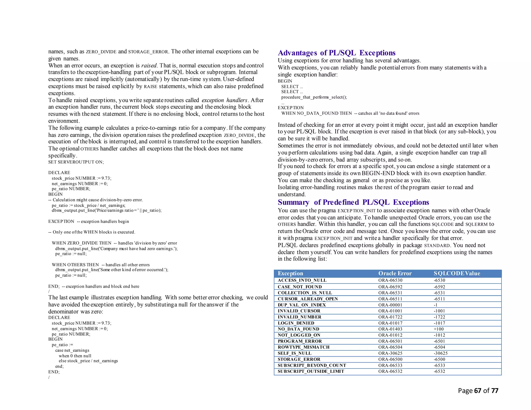 Page 67 of 77
names, such as ZERO_DIVIDE and STORAGE_ERROR. The other internal exceptions can be
given names.
When an error occurs, an exception is raised. That is, normal execution stops and control
transfers to theexception-handling part of your PL/SQL block or subprogram. Internal
exceptions are raised implicitly (automatically) by therun-time system. User-defined
exceptions must be raised explicitly by RAISE statements, which can also raise predefined
exceptions.
To handle raised exceptions, you write separateroutines called exception handlers. After
an exception handler runs, thecurrent block stops executing and theenclosing block
resumes with thenext statement. If there is no enclosing block, control returns to the host
environment.
The following example calculates a price-to-earnings ratio for a company. If the company
has zero earnings, the division operation raises the predefined exception ZERO_DIVIDE, the
execution of theblock is interrupted, and control is transferred to the exception handlers.
The optionalOTHERS handler catches all exceptions that the block does not name
specifically.
SET SERVEROUTPUT ON;
DECLARE
stock_price NUMBER := 9.73;
net_earnings NUMBER := 0;
pe_ratio NUMBER;
BEGIN
-- Calculation might cause division-by-zero error.
pe_ratio := stock_price / net_earnings;
dbms_output.put_line('Price/earnings ratio = ' || pe_ratio);
EXCEPTION -- exception handlers begin
-- Only one ofthe WHEN blocks is executed.
WHEN ZERO_DIVIDE THEN -- handles 'division by zero' error
dbms_output.put_line('Company must have had zero earnings.');
pe_ratio := null;
WHEN OTHERS THEN -- handles all other errors
dbms_output.put_line('Some other kind oferror occurred.');
pe_ratio := null;
END; -- exception handlers and block end here
/
The last example illustrates exception handling. With some better error checking, we could
have avoided theexception entirely, by substitutinga null for theanswer if the
denominator was zero:
DECLARE
stock_price NUMBER := 9.73;
net_earnings NUMBER := 0;
pe_ratio NUMBER;
BEGIN
pe_ratio :=
case net_earnings
when 0 then null
else stock_price / net_earnings
end;
END;
/
Advantages of PL/SQL Exceptions
Using exceptions for error handling has several advantages.
With exceptions, you can reliably handle potentialerrors from many statements with a
single exception handler:
BEGIN
SELECT ...
SELECT ...
procedure_that_performs_select();
...
EXCEPTION
WHEN NO_DATA_FOUND THEN -- catches all 'no data found' errors
Instead of checking for an error at every point it might occur, just add an exception handler
to your PL/SQL block. If the exception is ever raised in that block (or any sub-block), you
can be sure it will be handled.
Sometimes the error is not immediately obvious, and could not be detected until later when
you perform calculations using bad data. Again, a single exception handler can trap all
division-by-zero errors, bad array subscripts, and so on.
If you need to check for errors at a specific spot, you can enclose a single statement or a
group of statements inside its own BEGIN-END block with its own exception handler.
You can make the checking as general or as precise as you like.
Isolating error-handling routines makes therest of theprogram easier to read and
understand.
Summary of Predefined PL/SQL Exceptions
You can use the pragma EXCEPTION_INIT to associate exception names with other Oracle
error codes that you can anticipate. To handle unexpected Oracle errors, you can use the
OTHERS handler. Within this handler, you can call the functions SQLCODE and SQLERRM to
return theOracle error code and message text. Once you know the error code, you can use
it with pragma EXCEPTION_INIT and writea handler specifically for that error.
PL/SQL declares predefined exceptions globally in package STANDARD. You need not
declare them yourself. You can write handlers for predefined exceptions using the names
in the following list:
Exception Oracle Error SQLCODEValue
ACCESS_INTO_NULL ORA-06530 -6530
CASE_NOT_FOUND ORA-06592 -6592
COLLECTION_IS_NULL ORA-06531 -6531
CURSOR_ALREADY_OPEN ORA-06511 -6511
DUP_VAL_ON_INDEX ORA-00001 -1
INVALID_CURSOR ORA-01001 -1001
INVALID_NUMBER ORA-01722 -1722
LOGIN_DENIED ORA-01017 -1017
NO_DATA_FOUND ORA-01403 +100
NOT_LOGGED_ON ORA-01012 -1012
PROGRAM_ERROR ORA-06501 -6501
ROWTYPE_MISMATCH ORA-06504 -6504
SELF_IS_NULL ORA-30625 -30625
STORAGE_ERROR ORA-06500 -6500
SUBSCRIPT_BEYOND_COUNT ORA-06533 -6533
SUBSCRIPT_OUTSIDE_LIMIT ORA-06532 -6532
 