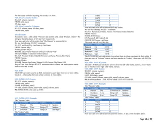 Page 12 of 77
An alias name could be anything, but usually it is short.
SQLAlias Syntax for Tables
SELECT column_name(s)
FROM table_name
AS alias_name
SQLAlias Syntax for Columns
SELECT column_name AS alias_name
FROM table_name
Alias Example
Assume we have a table called "Persons" and another table called "Product_Orders". We
will give the table aliases of "p" and "po" respectively.
Now we want to list all theorders that "Ola Hansen" is responsiblefor.
We use thefollowing SELECT statement:
SELECT po.OrderID, p.LastName, p.FirstName
FROM Persons AS p,
Product_Orders AS po
WHERE p.LastName='Hansen' AND p.FirstName='Ola'
The same SELECT statement without aliases:
SELECT Product_Orders.OrderID, Persons.LastName, Persons.FirstName
FROM Persons,
Product_Orders
WHERE Persons.LastName='Hansen' AND Persons.FirstName='Ola'
As you'll see from the two SELECT statements above; aliases can make queries easier
both to writeand to read.
SQLJOIN
The JOIN keyword is used in an SQL statement to query data from two or more tables,
based on a relationship between certain columns in these tables.
SQLINNER JOIN Syntax
SELECT column_name(s)
FROM table_name1
INNER JOIN table_name2
ON table_name1.column_name=table_name2.column_name
PS: INNER JOIN is thesame as JOIN.
SQLINNER JOIN Example
The "Persons" table:
P_Id LastName FirstName Address City
1 Hansen Ola Timoteivn 10 Sandnes
2 Svendson Tove Borgvn 23 Sandnes
3 Pettersen Kari Storgt 20 Stavanger
The "Orders" table:
O_Id OrderNo P_Id
1 77895 3
2 44678 3
3 22456 1
4 24562 1
5 34764 15
Now we want to list all thepersons with any orders.
We use thefollowing SELECT statement:
SELECT Persons.LastName, Persons.FirstName, Orders.OrderNo
FROM Persons
INNER JOIN Orders
ON Persons.P_Id=Orders.P_Id
ORDER BY Persons.LastName
The result-set will look like this:
LastName FirstName OrderNo
Hansen Ola 22456
Hansen Ola 24562
Pettersen Kari 77895
Pettersen Kari 44678
The INNER JOIN keyword returns rows when there is at least one match in both tables. If
there are rows in "Persons" that do not have matches in "Orders", thoserows will NOT be
listed.
SQLLEFT JOIN Keyword
The LEFT JOIN keyword returns all rows from the left table (table_name1), even if there
are no matches in the right table (table_name2).
SQLLEFT JOIN Syntax
SELECT column_name(s)
FROM table_name1
LEFT JOIN table_name2
ON table_name1.column_name=table_name2.column_name
PS: In some databases LEFT JOIN is called LEFT OUTER JOIN.
SQLLEFT JOIN Example
The "Persons" table:
P_Id LastName FirstName Address City
1 Hansen Ola Timoteivn 10 Sandnes
2 Svendson Tove Borgvn 23 Sandnes
3 Pettersen Kari Storgt 20 Stavanger
The "Orders" table:
O_Id OrderNo P_Id
1 77895 3
2 44678 3
3 22456 1
4 24562 1
5 34764 15
Now we want to list all thepersons and their orders - if any, from the tables above.
 
