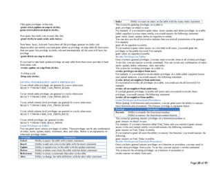 Page 19 of 77
Then grant privileges to this role.
grant select,update on emp to clerks;
grant select,deleteon dept to clerks;
Now grant this clerks role to users like this
grant clerks to sami, scott, ashi, tanya ;
Now Sami, Scott, Ashiand Tanyahave all the privileges granted on clerks role.
Supposeafter one month you want grant delete on privilege on emp table all these users
then just grant this privilege to clerks role and automatically all the users will have the
privilege.
grant delete on emp to clerks;
If you want to take back updateprivilege on emp table from these users just take it back
from clerks role.
revoke update on emp from clerks;
To Drop a role
Drop role clerks;
LISTING INFORMATION ABOUT PRIVILEGES
To see which table privileges are granted by you to other users.
SELECT * FROM USER_TAB_PRIVS_MADE
To see which table privileges are granted to you by other users
SELECT * FROM USER_TAB_PRIVS_RECD;
To see which column level privileges are granted by you to other users.
SELECT * FROM USER_COL_PRIVS_MADE
To see which column level privileges are granted to you by other users
SELECT * FROM USER_COL_PRIVS_RECD;
To see which privileges are granted to roles
SELECT * FROM USER_ROLE_PRIVS;
Grant Privileges on Tables
You can grant users various privileges to tables. Theseprivileges can be any combination
of select, insert, update, delete, references, alter, and index. Below is an explanation of
what each privilege means.
Privilege Description
Select Ability to query thetable with a select statement.
Insert Ability to add new rows to the table with theinsert statement.
Update Ability to updaterows in the table with the updatestatement.
Delete Ability to delete rows from thetable with the delete statement.
References Ability to create a constraint that refers to the table.
Alter Ability to change the table definition with the alter table statement.
Index Ability to create an index on the table with the create index statement.
The syntaxfor granting privileges on a table is:
grant privileges on object to user;
For example, if you wanted to grant select, insert, update, and delete privileges on a table
called suppliers to a user name smithj, you would execute the following statement:
grant select, insert, update, delete on suppliers to smithj;
You can also use theall keyword to indicate that you wish all permissions to be granted.
For example:
grant all on suppliers to smithj;
If you wanted to grant select access on your table to all users, you could grant the
privileges to thepublic keyword. For example:
grant select on suppliers to public;
Revoke Privileges on Tables
Once you have granted privileges, you may need to revoke some or all of these privileges.
To do this, you can execute a revoke command. You can revoke any combination of select,
insert, update, delete, references, alter, and index.
The syntaxfor revoking privileges on a table is:
revoke privileges on object from user;
For example, if you wanted to revoke delete privileges on a table called suppliers froma
user named anderson, you would execute the following statement:
revoke delete on suppliers from anderson;
If you wanted to revoke all privileges on a table, you could use the all keyword. For
example:
revoke all on suppliers from anderson;
If you had granted privileges to public (all users) and you wanted to revoke these
privileges, you could execute thefollowing statement:
revoke all on suppliers from public;
Grant Privileges on Functions/Procedures
When dealing with functions and procedures, you can grant users the ability to execute
these functions and procedures. The Execute privilege is explained below:
Privilege Description
Execute Ability to compile the function/procedure.
Ability to execute the function/procedure directly.
The syntaxfor granting execute privileges on a function/procedure is:
grant execute on object to user;
For example, if you had a function called Find_Value and you wanted to grant execute
access to the user named smithj, you would execute the following statement:
grant execute on Find_Value to smithj;
If you wanted to grant all users the ability to execute this function, you would execute the
following:
grant execute on Find_Value to public;
Revoke Privileges on Functions/Procedures
Once you have granted execute privileges on a function or procedure, you may need to
revoke theseprivileges from a user. To do this, you can execute a revoke command.
The syntaxfor the revoking privileges on a function or procedure is:
revoke execute on object from user;
 