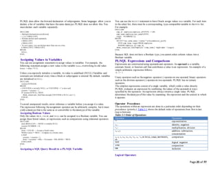 Page 25 of 77
PL/SQL does allow theforward declaration of subprograms. Some languages allow you to
declare a list of variables that have thesame datatype. PL/SQL does not allow this. You
must declare each variable separately:
DECLARE
-- Multiple declarations not allowed.
-- i, j, k, l SMALLINT;
-- Instead, declare each separately.
i SMALLINT;
j SMALLINT;
-- To save space, you can declare more than one on a line.
k SMALLINT; l SMALLINT;
BEGIN
NULL;
END;
/
Assigning Values to Variables
You can use assignment statements to assign values to variables. For example, the
following statement assigns a new value to the variable bonus, overwriting its old value:
bonus := salary * 0.15;
Unless you expressly initialize a variable, its value is undefined (NULL).Variables and
constants are initialized every time a block or subprogram is entered. By default, variables
are initialized to NULL:
DECLARE
counter INTEGER;
BEGIN
-- COUNTER is initially NULL, so 'COUNTER + 1' is also null.
counter := counter + 1;
IF counter IS NULL THEN
dbms_output.put_line('Sure enough, COUNTER is NULL not 1.');
END IF;
END;
/
To avoid unexpected results, never reference a variable before you assign it a value.
The expression following theassignment operator can be arbitrarily complex, but it must
yield a datatypethat is the same as or convertible to thedatatypeof the variable.
Assigning Boolean Values
Only the values TRUE, FALSE, and NULL can be assigned to a Boolean variable. You can
assign these literal values, or expressions such as comparisons using relational operators.
DECLARE
done BOOLEAN; -- DONE is initially NULL
counter NUMBER := 0;
BEGIN
done := FALSE; -- Assign a literal value
WHILE done != TRUE -- Compare to a literal value
LOOP
counter := counter + 1;
done := (counter > 500); -- If counter > 500, DONE = TRUE
END LOOP;
END;
/
Assigning a SQL Query Result to a PL/SQL Variable
You can use the SELECT statement to have Oracle assign values to a variable. For each item
in the select list, there must be a corresponding, type-compatiblevariable in the INTO list.
For example:
DECLARE
emp_id employees.employee_id%TYPE := 100;
emp_name employees.last_name%TYPE;
wages NUMBER(7,2);
BEGIN
SELECT last_name, salary + (salary * nvl(commission_pct,0))
INTO emp_name, wages FROM employees
WHERE employee_id = emp_id;
dbms_output.put_line('Employee ' || emp_name || ' might make ' || wages);
END;
/
Because SQL does not have a Boolean type, you cannot select column values into a
Boolean variable.
PL/SQL Expressions and Comparisons
Expressions are constructed using operands and operators. An operand is a variable,
constant, literal, or function call that contributes a value to an expression. An example of a
simple arithmetic expression follows:
-X / 2 + 3
Unary operators such as thenegation operator (-) operateon one operand; binary operators
such as the division operator (/) operateon two operands. PL/SQL has no ternary
operators.
The simplest expressions consist of a single variable, which yields a value directly.
PL/SQL evaluates an expression by combining thevalues of the operands in ways
specified by the operators. An expression always returns a single value. PL/SQL
determines thedatatypeof this value by examining the expression and the context in which
it appears.
Operator Precedence
The operations within an expression are done in a particular order depending on their
precedence (priority). Table2-1 shows the default order of operations from first to last
(top to bottom).
Table 2-1 Order of Operations
Operator Operation
** exponentiation
+, - identity, negation
*, / multiplication, division
+, -, || addition, subtraction,
concatenation
=, <, >, <=, >=, <>, !=, ~=, ^=, IS NULL, LIKE, BETWEEN,
IN
comparison
NOT logical negation
AND conjunction
OR inclusion
Logical Operators
 