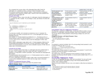Page 58 of 77
An IN parameter lets you pass values to the subprogram being called. Inside the
subprogram, an IN parameter acts like a constant. It cannot be assigned a value.
You can pass a constant, literal, initialized variable, or expression as an IN parameter.
IN parameters can be initialized to default values, which are used if those parameters are
omitted from the subprogram call.
Using the OUT Mode
An OUT parameter returns a value to the caller of a subprogram. Inside the subprogram, an
OUT parameter acts like a variable. You can change its value, and reference thevalue after
assigning it:
PROCEDURE split_name
(
phrase IN VARCHAR2, first OUT VARCHAR2, last OUT VARCHAR2
)
IS
first := SUBSTR(phrase, 1, INSTR(phrase, ' ')-1);
last := SUBSTR(phrase, INSTR(phrase, ' ')+1);
IF first = 'John' THEN
DBMS_OUTPUT.PUT_LINE('That is a common first name.');
END IF;
END;
/
You must pass a variable, not a constant or an expression, to an OUT parameter. Its
previous value is lost unless you specify the NOCOPY or the subprogram exits with an
unhandled exception.
Like variables, OUT formal parameters are initialized to NULL. The datatypeof an OUT
formal parameter cannot be a subtypedefined as NOT NULL, such as the built-in subtypes
NATURALN and POSITIVEN. Otherwise, when you call thesubprogram, PL/SQL raises
VALUE_ERROR.
Before exiting a subprogram, assign values to all OUT formal parameters. Otherwise, the
corresponding actual parameters will be null. If you exit successfully, PL/SQL assigns
values to the actual parameters. If you exit with an unhandled exception, PL/SQL does not
assign values to the actual parameters.
Using the IN OUT Mode
An IN OUT parameter passes initial values to a subprogram and returns updated values to
the caller. It can be assigned a value and its value can be read. Typically, an IN OUT
parameter is a string buffer or numeric accumulator, that is read inside the subprogram and
then updated.
The actual parameter that corresponds to an IN OUT formal parameter must be a variable; it
cannot be a constant or an expression.
If you exit a subprogram successfully, PL/SQL assigns values to the actual parameters. If
you exit with an unhandled exception, PL/SQL does not assign values to theactual
parameters.
Summary of Subprogram Parameter Modes
Table 8-1 summarizes all you need to know about the parameter modes.
Table 8-1 Parameter Modes
IN OUT IN OUT
The default Must bespecified Must bespecified
Passes values to a
subprogram
Returns values to the caller Passes initial values to a
subprogram and returns
updated values to the caller
Formal parameter acts
like a constant
Formal parameter acts like
an uninitialized variable
Formal parameter acts like an
initialized variable
Formal parameter
cannot be assigneda
value
Formal parameter must be
assigned a value
Formal parameter should be
assigned a value
Actual parameter can be
a constant, initialized
variable, literal, or
expression
Actual parameter must be a
variable
Actual parameter must be a
variable
Actual parameter is
passed by reference (a
pointerto the value is
passed in)
Actual parameter is passed
by value (a copy of the
value is passed out) unless
NOCOPY is specified
Actual parameter is passed
by value (a copy of thevalue
is passed in and out) unless
NOCOPY is specified
Using Default Values for Subprogram Parameters
By initializing IN parameters to default values, you can pass different numbers of actual
parameters to a subprogram, accepting thedefault values for any parameters you omit.
You can also add new formal parameters without having to change every call to the
subprogram.
Example 8-6 Procedure with DefaultParameter Values
PROCEDURE create_dept (
new_dname VARCHAR2 DEFAULT 'TEMP',
new_loc VARCHAR2 DEFAULT 'TEMP') IS
BEGIN
NULL;
END;
/
If a parameter is omitted, the default value of its corresponding formal parameter is used.
Consider the following calls to create_dept:
create_dept; -- Same as create_dept('TEMP','TEMP');
create_dept('SALES'); -- Same as create_dept('SALES','TEMP');
create_dept('SALES', 'NY');
You cannot skip a formal parameter by leaving out its actual parameter. To omit the first
parameter and specify the second, use named notation:
create_dept(new_loc => 'NEW YORK');
You cannot assign a null to an uninitialized formal parameter by leaving out its actual
parameter. You must pass thenull explicitly, or you can specify a default value of NULL in
the declaration.
Overloading Subprogram Names
PL/SQL lets you overload subprogram names and typemethods. You can use the same
name for several different subprograms as long as their formal parameters differ in
number, order, or datatypefamily.
Supposeyou want to initialize the first n rows in two index-by tables that were declared as
follows:
DECLARE
TYPE DateTabTyp IS TABLE OF DATE INDEX BY BINARY_INTEGER;
TYPE RealTabTyp IS TABLE OF REAL INDEX BY BINARY_INTEGER;
hiredate_tab DateTabTyp;
sal_tab RealTabTyp;
 