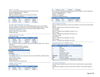 Page 6 of 77
SELECT * Example
Now we want to select all the columns from the "Persons" table.
We use thefollowing SELECT statement:
SELECT * FROM Persons
Tip: The asterisk (*) is a quick way of selecting all columns!
The result-set will look like this:
P_Id LastName FirstName Address City
1 Hansen Ola Timoteivn 10 Sandnes
2 Svendson Tove Borgvn 23 Sandnes
3 Pettersen Kari Storgt 20 Stavanger
The SQLSELECT DISTINCT Statement
In a table, some of the columns may contain duplicate values. This is not a problem,
however, sometimes you will want to list only the different (distinct) values in a table.
The DISTINCT keyword can be used to return only distinct (different) values.
SQLSELECT DISTINCT Syntax
SELECT DISTINCT column_name(s)
FROM table_name
SELECT DISTINCT Example
The "Persons" table:
P_Id LastName FirstName Address City
1 Hansen Ola Timoteivn 10 Sandnes
2 Svendson Tove Borgvn 23 Sandnes
3 Pettersen Kari Storgt 20 Stavanger
Now we want to select only thedistinct values from thecolumn named "City" from the
table above.
We use thefollowing SELECT statement:
SELECT DISTINCT City FROM Persons
The result-set will look like this:
City
Sandnes
Stavanger
The WHERE Clause
The WHERE clause is used to extract only thoserecords that fulfill a specified criterion.
SQLWHERE Syntax
SELECT column_name(s)
FROM table_name
WHERE column_name operator value
WHERE Clause Example
The "Persons" table:
P_Id LastName FirstName Address City
1 Hansen Ola Timoteivn 10 Sandnes
2 Svendson Tove Borgvn 23 Sandnes
3 Pettersen Kari Storgt 20 Stavanger
Now we want to select only thepersons living in the city "Sandnes" from the table above.
We use thefollowing SELECT statement:
SELECT * FROM Persons
WHERE City='Sandnes'
The result-set will look like this:
P_Id LastName FirstName Address City
1 Hansen Ola Timoteivn 10 Sandnes
2 Svendson Tove Borgvn 23 Sandnes
Quotes Around Text Fields
SQL uses single quotes around text values (most database systems will also accept double
quotes).
However, numeric values should not be enclosed in quotes.
For text values:
This is correct:
SELECT * FROM Persons WHERE FirstName='Tove'
This is wrong:
SELECT * FROM Persons WHERE FirstName=Tove
For numeric values:
This is correct:
SELECT * FROM Persons WHERE Year=1965
This is wrong:
SELECT * FROM Persons WHERE Year='1965'
Operators Allowed in the WHERE Clause
With the WHERE clause, the following operators can be used:
Operator Description
= Equal
<> Not equal
> Greater than
< Less than
>= Greater than or equal
<= Less than or equal
BETWEEN Between an inclusive range
LIKE Search for a pattern
IN To specify multiple possiblevalues for a column
Note: In some versions of SQL the <> operator may be written as !=
The AND & OR Operators
The AND operator displays arecord if both the first condition and the second condition
are true.
The OR operator displays a record if either the first condition or thesecond condition is
true.
 