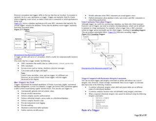 Page 72 of 77
However, procedures and triggers differ in theway that they are invoked. A procedure is
explicitly run by a user, application, or trigger. Triggers are implicitly fired by Oracle
when a triggering event occurs, no matter which user is connected or which application is
being used.
Figure 22-1 shows a database application with some SQL statements that implicitly fire
several triggers stored in the database. Notice that the database stores triggers separately
from their associated tables.
Figure 22-1 Triggers
Description of the illustration cncpt076.gif
A trigger can also call out to a C procedure, which is useful for computationally intensive
operations.
The events that fire a trigger include thefollowing:
 DMLstatements that modify data in a table (INSERT, UPDATE, or DELETE)
 DDL statements
 Systemevents such as startup, shutdown, and error messages
 User events such as logon and logoff
Note:
Oracle Forms can define, store, and run triggers of a different sort.
However, do not confuse Oracle Forms triggers with the triggers
discussed in this chapter.
How Triggers Are Used
Triggers supplement thestandard capabilities of Oracle to provide a highly customized
database management system. For example, a trigger can restrict DMLoperations against
a table to thoseissued during regular business hours. You can also use triggers to:
 Automatically generate derived column values
 Prevent invalid transactions
 Enforce complex security authorizations
 Enforce referential integrity across nodes in a distributed database
 Enforce complex business rules
 Provide transparent event logging
 Provide auditing
 Maintain synchronous table replicates
 Gather statistics on table access
 Modify tabledata when DMLstatements are issued against views
 Publish information about database events, user events, and SQL statements to
subscribing applications
Some Cautionary Notes about Triggers
Although triggers are useful for customizing a database, use them only when necessary.
Excessive use of triggers can result in complex interdependencies, which can be difficult
to maintain in a large application. For example, when a trigger fires, a SQL statement
within its trigger action potentially can fire other triggers, resulting in cascading triggers.
This can produce unintended effects. Figure 22-2 illustrates cascading triggers.
Figure 22-2 Cascading Triggers
Description of the illustration cncpt077.gif
Triggers Compared with Declarative Integrity Constraints
You can use both triggers and integrity constraints to define and enforce any typeof
integrity rule. However, Oracle strongly recommends that you use triggers to constrain
data input only in the following situations:
 To enforce referential integrity when child and parent tables are on different
nodes of a distributed database
 To enforce complex business rules not definable using integrity constraints
 When a required referential integrity rule cannot be enforced using the following
integrity constraints:
o NOT NULL, UNIQUE
o PRIMARY KEY
o FOREIGN KEY
o CHECK
o DELETE CASCADE
o DELETE SET NULL
Parts of a Trigger
 