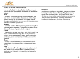 16
Linhas aéreas Inteligentes
BOEING-SRM COMPOSITE
TYPES OF STRUCTURAL DAMAGE
In order to facilitate the classification of different repair
procedures, the various types of damage are grouped as
follows:
Mark
• A mark is to be understood as a damage area of any
size where an accumulation of scratches, nicks, chips,
burrs or gouges etc. is present in such a way that the
damage must be treated as an area and not as a series of
individual scratches, gouges etc.
Scratch
• A scratch is a line of damage of any depth and length in
the material and results in a cross-sectional area change.
It is usually caused by contact with a object.
Gouge
• A gouge is a damage area of any size which results in a
cross—sectional area change. It is usually caused by
contact with a relatively sharp object which produces a
continuous, sharp or smooth channel-like groove in the
material.
Crack
• A crack is a partial fracture or complete break in the
material with the most significant cross-sectional area
change.
Dent
• A dent is normally a damage area which is depressed
with respect to its normal contour. There is no cross
sectional area change in the material; area boundaries
are smooth.
Distorsion
• Any twisting, bending or permanent strain which results
in misalignment or change of shape. May be caused by
impact from a foreign object, but usually results from
vibration or movement of adjacent attached components.
This group includes bending, buckling, deformation,
imbalance, misalignment, pinching, and twisting.
 