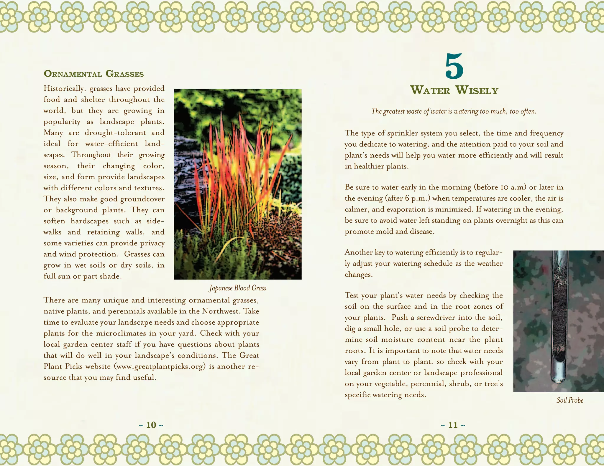 Ornamental Grasses
Historically, grasses have provided                                                         Water Wisely
                                                                                                         5
food and shelter throughout the
world, but they are growing in                                                 The greatest waste of water is watering too much, too often.
popularity as landscape plants.  
Many are drought-tolerant and                                          The type of sprinkler system you select, the time and frequency
ideal for water-efficient land-                                        you dedicate to watering, and the attention paid to your soil and  
scapes. Throughout their growing                                       plant’s needs will help you water more efficiently and will result
season, their changing color,                                          in healthier plants.
size, and form provide landscapes
with different colors and textures.                                    Be sure to water early in the morning (before 10 a.m) or later in
They also make good groundcover                                        the evening (after 6 p.m.) when temperatures are cooler, the air is
or background plants. They can                                         calmer, and evaporation is minimized. If watering in the evening,
soften hardscapes such as side-                                        be sure to avoid water left standing on plants overnight as this can
walks and retaining walls, and                                         promote mold and disease.
some varieties can provide privacy
and wind protection.  Grasses can                                      Another key to watering efficiently is to regular-
grow in wet soils or dry soils, in                                     ly adjust your watering schedule as the weather
full sun or part shade.                                                changes.
                                                Japanese Blood Grass
                                                                       Test your plant’s water needs by checking the
There are many unique and interesting ornamental grasses,
                                                                       soil on the surface and in the root zones of
native plants, and perennials available in the Northwest. Take
                                                                       your plants.  Push a screwdriver into the soil,
time to evaluate your landscape needs and choose appropriate
                                                                       dig a small hole, or use a soil probe to deter-
plants for the microclimates in your yard. Check with your
                                                                       mine soil moisture content near the plant
local garden center staff if you have questions about plants
                                                                       roots. It is important to note that water needs
that will do well in your landscape’s conditions. The Great
                                                                       vary from  plant to plant, so check with your
Plant Picks website (www.greatplantpicks.org) is another re-
                                                                       local garden center or landscape professional
source that you may find useful.
                                                                       on your vegetable, perennial, shrub, or tree’s
                                                                       specific watering needs.
                                                                                                                                              Soil Probe

                             ~ 10 ~                                                                     ~ 11 ~
 