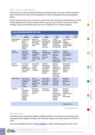 ContentattheheartMaximisevisibility
andshareabilty
Measureand
improve
Createyour
contenthub
Ecommunications
strategy
Definecontent
strategy
Brandandaudience
© Smart Insights (Marketing Intelligence) Limited. Please go to www.smartinsights.com to feedback or access our other guides.
Content Marketing Strategy : Seven Steps to Success
!
10
What makes our guide different?
There are many, many great books that persuasively explain ‘why use content marketing’.
We’re influenced by many of the specialists on content marketing that we acknowledge
below.  
But our guide focuses more on the how, rather than why. We have summarised many of the
strong arguments for the how already. We’re sure you buy into them, but you still need a
strategy, a plan and practical advice on how to implement your content strategy.
About the authors
Dan Bosomworth, the Smart Insights marketing director, has experience spanning brand
development and digital marketing, with roles both agency and client side over the last 13
years.
He is also Managing Director of First 10 Digital, a digital marketing agency active in the
 