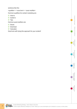 ContentattheheartMaximisevisibility
andshareabilty
Measureand
improve
Createyour
contenthub
Ecommunications
strategy
Definecontent
strategy
Brandandaudience
© Smart Insights (Marketing Intelligence) Limited. Please go to www.smartinsights.com to feedback or access our other guides.
Content Marketing Strategy : Seven Steps to Success
!
23
1
sentence like this:
<qualifier> + <core term> + <post modifier>
Common qualifiers for content marketing are:
þþ How to
þþ Guide to
þþ Tips
Common post-modifiers are:
þþ Ebook
þþ Download
þþ Calculator
Good luck with trying this approach for your content!
 