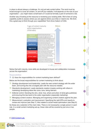 ContentattheheartMaximisevisibility
andshareabilty
Measureand
improve
Createyour
contenthub
Ecommunications
strategy
Definecontent
strategy
Brandandaudience
© Smart Insights (Marketing Intelligence) Limited. Please go to www.smartinsights.com to feedback or access our other guides.
Content Marketing Strategy : Seven Steps to Success
!
45
3
in place is almost always a challenge. It’s not just web content either. The remit must be
broad enough to cover all content, on and off your website. It all depends on the size of your
organisation – you might need a small team or it could be formally a part of someone’s role.
Another way of looking at the resource is reviewing your existing skills. We’re fans of using
capability audits to assess where you are against where you’d like or need to be. We think
this a great way to think through your capabilities8
from Anne Caborn of CDA.
Notice that with maturity, more skills are developed in-house and collaboration increases
across the organisation.
Responsibilities
rr Q. Have the responsibilities for content marketing been defined?
Below are the broad responsibilities for content marketing to think about:
rr Strategy development and leadership. Leads the web content strategy with the wider
team, and turning this into a budgets plan with the resource needed.
rr Standards development. Leads standards creation (maybe working with others in
marketing) developing ideas like voice, tone, being relevant.
rr Editorial control. Deciding the who, what, how, where and when of what gets published,
and ensuring this ties back to the wider organisation (especially marketing).
rr Managing content creators. Managing and organising content creators against the plan.
rr Measurement, evaluation and improvement. Specifying the right KPIs and reports to
review and improve (see Step 7). Also relates to social media optimisation (see Step 6).
So these are a selection of the main roles. There is not necessarily a single person in each
role. In a small content marketing set-up, these roles will be covered by just one or two
people.
8  CDA Content Lab.
 