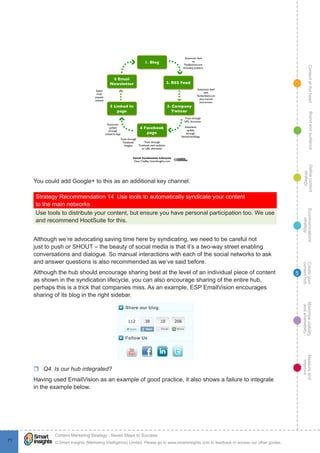 ContentattheheartMaximisevisibility
andshareabilty
Measureand
improve
Createyour
contenthub
Ecommunications
strategy
Definecontent
strategy
Brandandaudience
© Smart Insights (Marketing Intelligence) Limited. Please go to www.smartinsights.com to feedback or access our other guides.
Content Marketing Strategy : Seven Steps to Success
!
71
5
You could add Google+ to this as an additional key channel.
Strategy Recommendation 14  Use tools to automatically syndicate your content
to the main networks
Use tools to distribute your content, but ensure you have personal participation too. We use
and recommend HootSuite for this.
Although we’re advocating saving time here by syndicating, we need to be careful not
just to push or SHOUT – the beauty of social media is that it’s a two-way street enabling
conversations and dialogue. So manual interactions with each of the social networks to ask
and answer questions is also recommended as we’ve said before.
Although the hub should encourage sharing best at the level of an individual piece of content
as shown in the syndication lifecycle, you can also encourage sharing of the entire hub,
perhaps this is a trick that companies miss. As an example, ESP EmailVision encourages
sharing of its blog in the right sidebar.
rr Q4. Is our hub integrated?
Having used EmailVision as an example of good practice, it also shows a failure to integrate
in the example below.
 