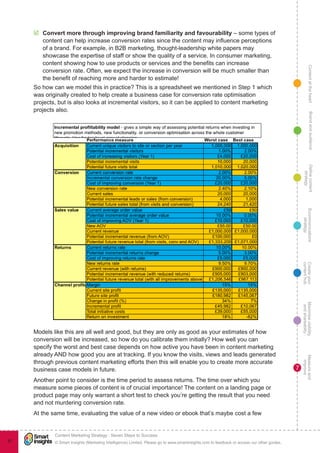 ContentattheheartMaximisevisibility
andshareabilty
Measureand
improve
Createyour
contenthub
Ecommunications
strategy
Definecontent
strategy
Brandandaudience
© Smart Insights (Marketing Intelligence) Limited. Please go to www.smartinsights.com to feedback or access our other guides.
Content Marketing Strategy : Seven Steps to Success
!
7
87
þþ Convert more through improving brand familiarity and favourability – some types of
content can help increase conversion rates since the content may influence perceptions
of a brand. For example, in B2B marketing, thought-leadership white papers may
showcase the expertise of staff or show the quality of a service. In consumer marketing,
content showing how to use products or services and the benefits can increase
conversion rate. Often, we expect the increase in conversion will be much smaller than
the benefit of reaching more and harder to estimate!
So how can we model this in practice? This is a spreadsheet we mentioned in Step 1 which
was originally created to help create a business case for conversion rate optimisation
projects, but is also looks at incremental visitors, so it can be applied to content marketing
projects also.
Models like this are all well and good, but they are only as good as your estimates of how
conversion will be increased, so how do you calibrate them initially? How well you can
specify the worst and best case depends on how active you have been in content marketing
already AND how good you are at tracking. If you know the visits, views and leads generated
through previous content marketing efforts then this will enable you to create more accurate
business case models in future.
Another point to consider is the time period to assess returns. The time over which you
measure some pieces of content is of crucial importance! The content on a landing page or
product page may only warrant a short test to check you’re getting the result that you need
and not murdering conversion rate.
At the same time, evaluating the value of a new video or ebook that’s maybe cost a few
 