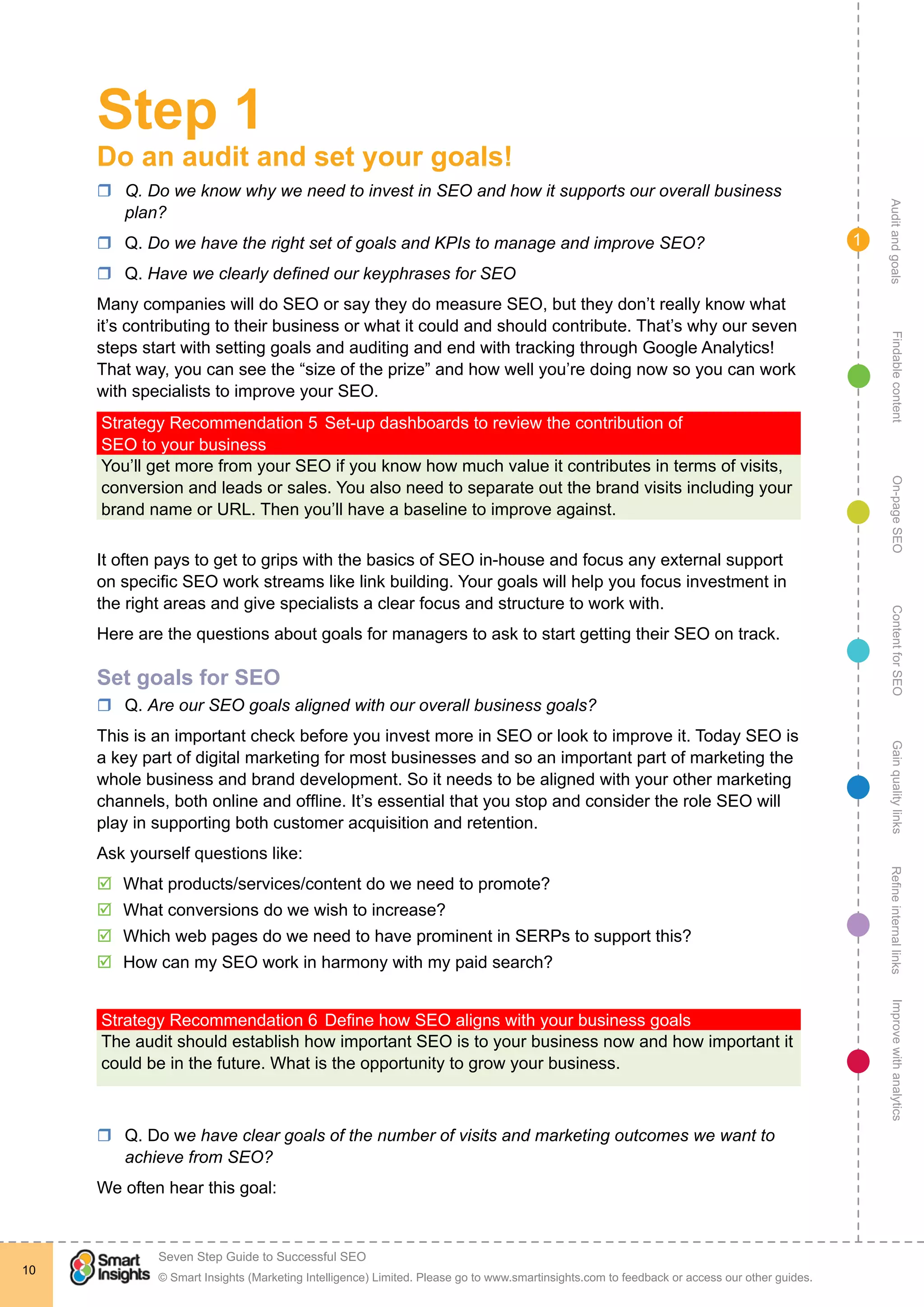 AuditandgoalsRefineinternallinksImprovewithanalyticsGainqualitylinksContentforSEOOn-pageSEOFindablecontent
© Smart Insights (Marketing Intelligence) Limited. Please go to www.smartinsights.com to feedback or access our other guides.
Seven Step Guide to Successful SEO
!
10
1
Step 1
Do an audit and set your goals!
rr Q. Do we know why we need to invest in SEO and how it supports our overall business
plan?
rr Q. Do we have the right set of goals and KPIs to manage and improve SEO?
rr Q. Have we clearly defined our keyphrases for SEO
Many companies will do SEO or say they do measure SEO, but they don’t really know what
it’s contributing to their business or what it could and should contribute. That’s why our seven
steps start with setting goals and auditing and end with tracking through Google Analytics!
That way, you can see the “size of the prize” and how well you’re doing now so you can work
with specialists to improve your SEO.
Strategy Recommendation 5	Set-up dashboards to review the contribution of
SEO to your business
You’ll get more from your SEO if you know how much value it contributes in terms of visits,
conversion and leads or sales. You also need to separate out the brand visits including your
brand name or URL. Then you’ll have a baseline to improve against.
It often pays to get to grips with the basics of SEO in-house and focus any external support
on specific SEO work streams like link building. Your goals will help you focus investment in
the right areas and give specialists a clear focus and structure to work with.
Here are the questions about goals for managers to ask to start getting their SEO on track.
Set goals for SEO
rr Q. Are our SEO goals aligned with our overall business goals?
This is an important check before you invest more in SEO or look to improve it. Today SEO is
a key part of digital marketing for most businesses and so an important part of marketing the
whole business and brand development. So it needs to be aligned with your other marketing
channels, both online and offline. It’s essential that you stop and consider the role SEO will
play in supporting both customer acquisition and retention.
Ask yourself questions like:
þþ What products/services/content do we need to promote?
þþ What conversions do we wish to increase?
þþ Which web pages do we need to have prominent in SERPs to support this?
þþ How can my SEO work in harmony with my paid search?
Strategy Recommendation 6	Define how SEO aligns with your business goals
The audit should establish how important SEO is to your business now and how important it
could be in the future. What is the opportunity to grow your business.
rr Q. Do we have clear goals of the number of visits and marketing outcomes we want to
achieve from SEO?
We often hear this goal:
 