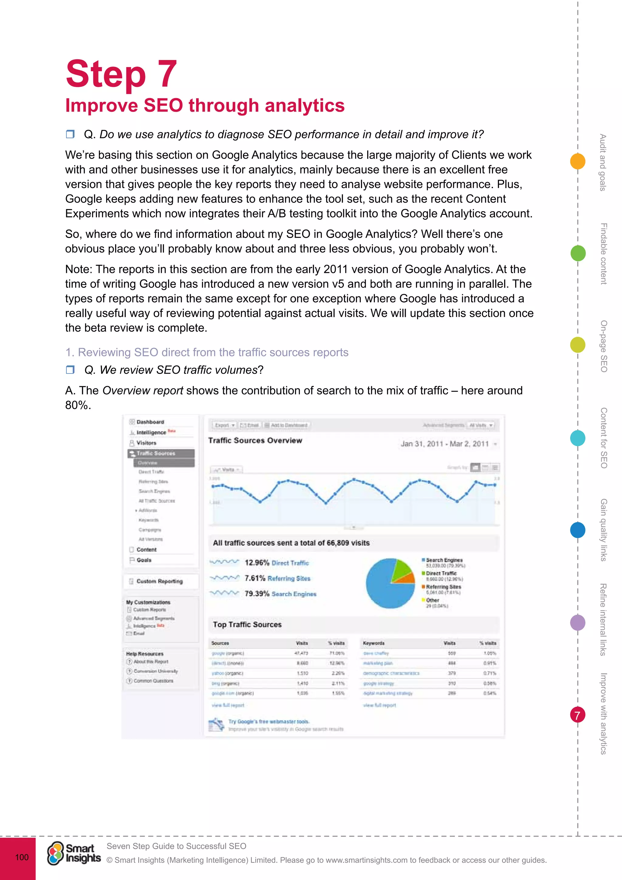 AuditandgoalsRefineinternallinksImprovewithanalyticsGainqualitylinksContentforSEOOn-pageSEOFindablecontent
© Smart Insights (Marketing Intelligence) Limited. Please go to www.smartinsights.com to feedback or access our other guides.
Seven Step Guide to Successful SEO
!
100
7
Step 7
Improve SEO through analytics
rr Q. Do we use analytics to diagnose SEO performance in detail and improve it?
We’re basing this section on Google Analytics because the large majority of Clients we work
with and other businesses use it for analytics, mainly because there is an excellent free
version that gives people the key reports they need to analyse website performance. Plus,
Google keeps adding new features to enhance the tool set, such as the recent Content
Experiments which now integrates their A/B testing toolkit into the Google Analytics account.
So, where do we find information about my SEO in Google Analytics? Well there’s one
obvious place you’ll probably know about and three less obvious, you probably won’t.
Note: The reports in this section are from the early 2011 version of Google Analytics. At the
time of writing Google has introduced a new version v5 and both are running in parallel. The
types of reports remain the same except for one exception where Google has introduced a
really useful way of reviewing potential against actual visits. We will update this section once
the beta review is complete.
1. Reviewing SEO direct from the traffic sources reports
rr Q. We review SEO traffic volumes?
A. The Overview report shows the contribution of search to the mix of traffic – here around
80%.
 