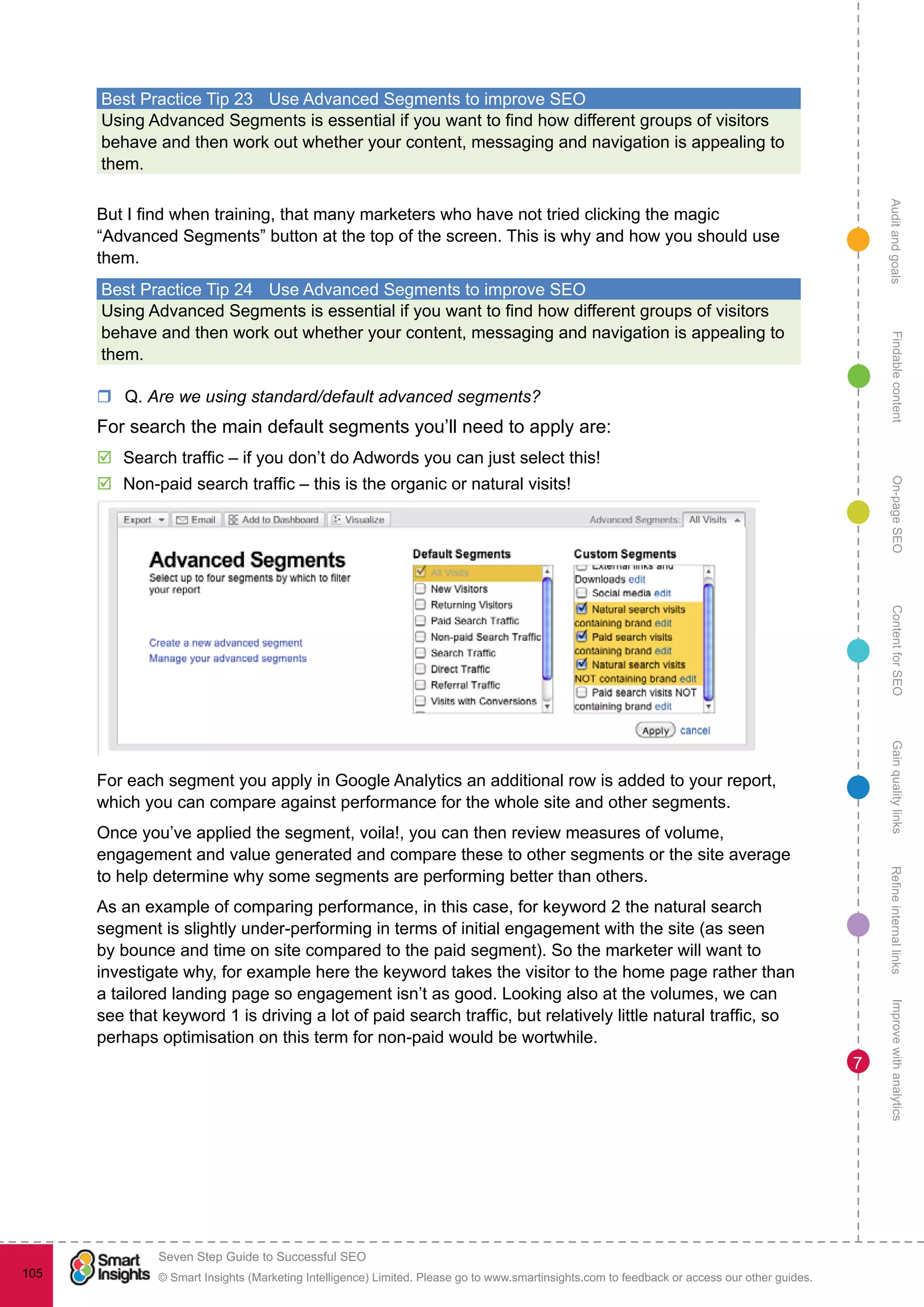 AuditandgoalsRefineinternallinksImprovewithanalyticsGainqualitylinksContentforSEOOn-pageSEOFindablecontent
© Smart Insights (Marketing Intelligence) Limited. Please go to www.smartinsights.com to feedback or access our other guides.
Seven Step Guide to Successful SEO
!
105
7
Best Practice Tip 23	 Use Advanced Segments to improve SEO
Using Advanced Segments is essential if you want to find how different groups of visitors
behave and then work out whether your content, messaging and navigation is appealing to
them.
But I find when training, that many marketers who have not tried clicking the magic
“Advanced Segments” button at the top of the screen. This is why and how you should use
them.
Best Practice Tip 24	 Use Advanced Segments to improve SEO
Using Advanced Segments is essential if you want to find how different groups of visitors
behave and then work out whether your content, messaging and navigation is appealing to
them.
rr Q. Are we using standard/default advanced segments?
For search the main default segments you’ll need to apply are:
þþ Search traffic – if you don’t do Adwords you can just select this!
þþ Non-paid search traffic – this is the organic or natural visits!
þþ Paid-search traffic – you may need to isolate this
For each segment you apply in Google Analytics an additional row is added to your report,
which you can compare against performance for the whole site and other segments.
Once you’ve applied the segment, voila!, you can then review measures of volume,
engagement and value generated and compare these to other segments or the site average
to help determine why some segments are performing better than others.
As an example of comparing performance, in this case, for keyword 2 the natural search
segment is slightly under-performing in terms of initial engagement with the site (as seen
by bounce and time on site compared to the paid segment). So the marketer will want to
investigate why, for example here the keyword takes the visitor to the home page rather than
a tailored landing page so engagement isn’t as good. Looking also at the volumes, we can
see that keyword 1 is driving a lot of paid search traffic, but relatively little natural traffic, so
perhaps optimisation on this term for non-paid would be wortwhile.
 