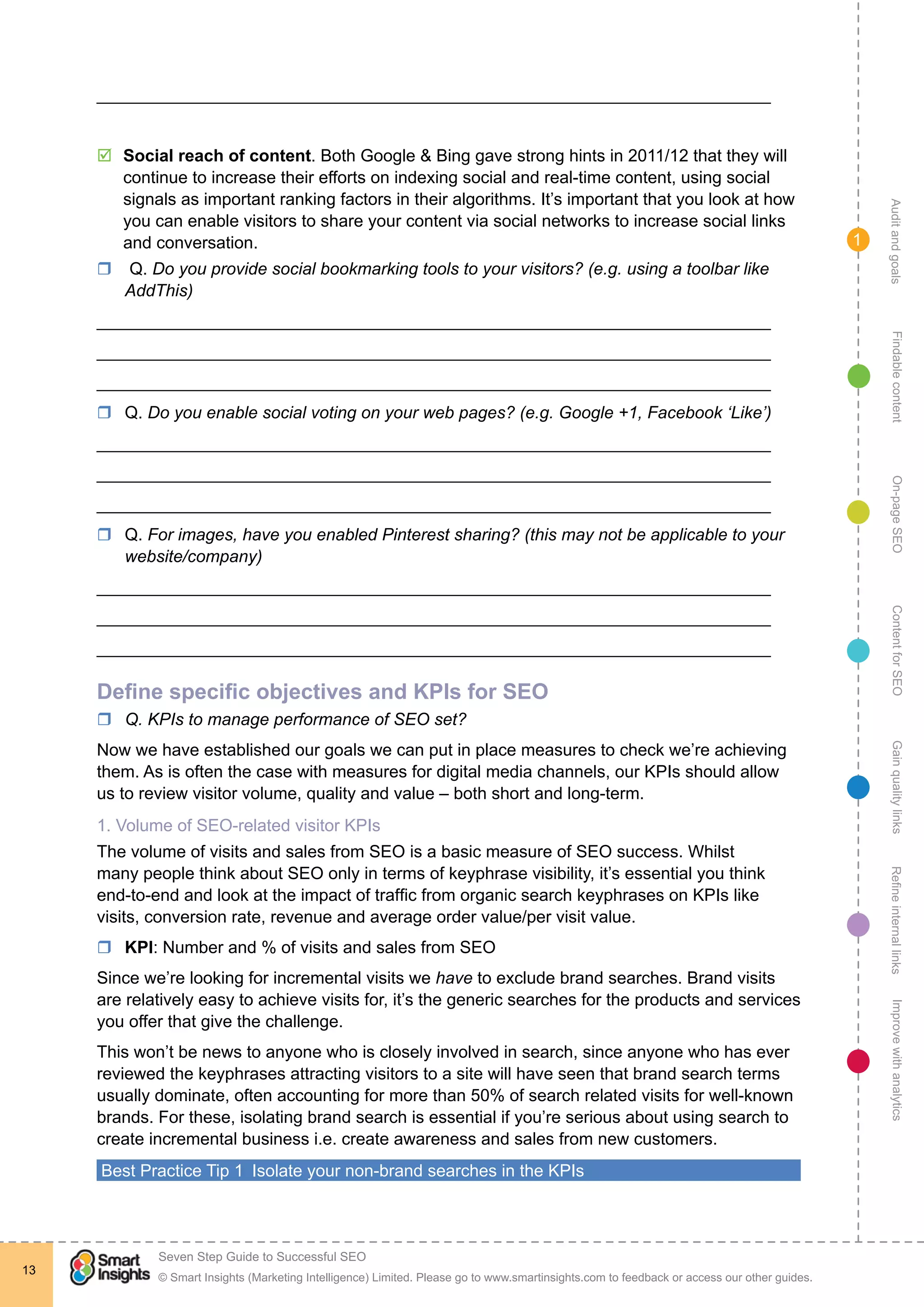 AuditandgoalsRefineinternallinksImprovewithanalyticsGainqualitylinksContentforSEOOn-pageSEOFindablecontent
© Smart Insights (Marketing Intelligence) Limited. Please go to www.smartinsights.com to feedback or access our other guides.
Seven Step Guide to Successful SEO
!
13
1
_______________________________________________________________________
þþ Social reach of content. Both Google & Bing gave strong hints in 2011/12 that they will
continue to increase their efforts on indexing social and real-time content, using social
signals as important ranking factors in their algorithms. It’s important that you look at how
you can enable visitors to share your content via social networks to increase social links
and conversation.
rr Q. Do you provide social bookmarking tools to your visitors? (e.g. using a toolbar like
AddThis)
_______________________________________________________________________
_______________________________________________________________________
_______________________________________________________________________
rr Q. Do you enable social voting on your web pages? (e.g. Google +1, Facebook ‘Like’)
_______________________________________________________________________
_______________________________________________________________________
_______________________________________________________________________
rr Q. For images, have you enabled Pinterest sharing? (this may not be applicable to your
website/company)
_______________________________________________________________________
_______________________________________________________________________
_______________________________________________________________________
Define specific objectives and KPIs for SEO
rr Q. KPIs to manage performance of SEO set?
Now we have established our goals we can put in place measures to check we’re achieving
them. As is often the case with measures for digital media channels, our KPIs should allow
us to review visitor volume, quality and value – both short and long-term.
1. Volume of SEO-related visitor KPIs
The volume of visits and sales from SEO is a basic measure of SEO success. Whilst
many people think about SEO only in terms of keyphrase visibility, it’s essential you think
end-to-end and look at the impact of traffic from organic search keyphrases on KPIs like
visits, conversion rate, revenue and average order value/per visit value.
rr KPI: Number and % of visits and sales from SEO
Since we’re looking for incremental visits we have to exclude brand searches. Brand visits
are relatively easy to achieve visits for, it’s the generic searches for the products and services
you offer that give the challenge.
This won’t be news to anyone who is closely involved in search, since anyone who has ever
reviewed the keyphrases attracting visitors to a site will have seen that brand search terms
usually dominate, often accounting for more than 50% of search related visits for well-known
brands. For these, isolating brand search is essential if you’re serious about using search to
create incremental business i.e. create awareness and sales from new customers.
Best Practice Tip 1  Isolate your non-brand searches in the KPIs
 