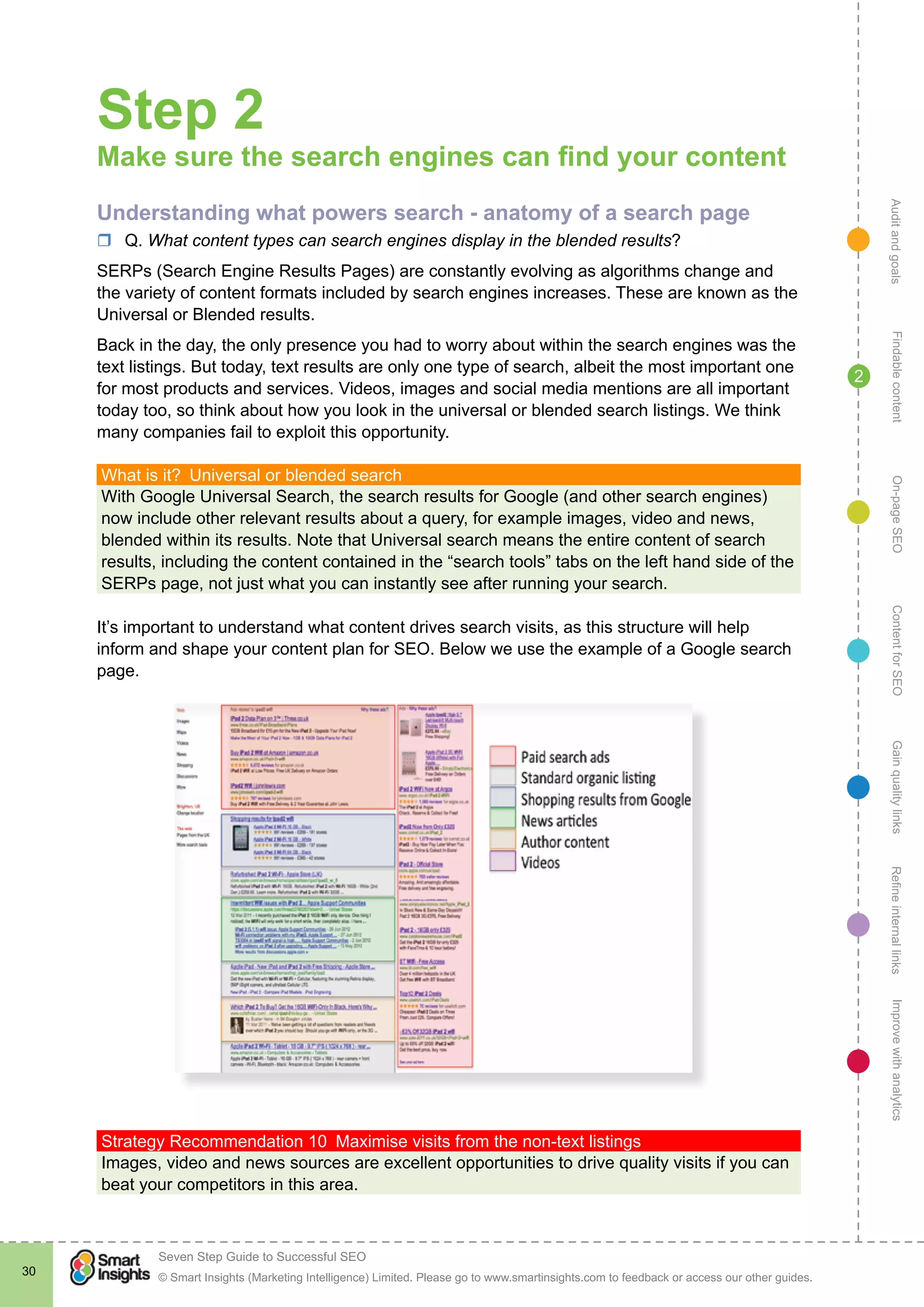 AuditandgoalsRefineinternallinksImprovewithanalyticsGainqualitylinksContentforSEOOn-pageSEOFindablecontent
© Smart Insights (Marketing Intelligence) Limited. Please go to www.smartinsights.com to feedback or access our other guides.
Seven Step Guide to Successful SEO
!
30
2
Step 2
Make sure the search engines can find your content
Understanding what powers search - anatomy of a search page
rr Q. What content types can search engines display in the blended results?
SERPs (Search Engine Results Pages) are constantly evolving as algorithms change and
the variety of content formats included by search engines increases. These are known as the
Universal or Blended results.
Back in the day, the only presence you had to worry about within the search engines was the
text listings. But today, text results are only one type of search, albeit the most important one
for most products and services. Videos, images and social media mentions are all important
today too, so think about how you look in the universal or blended search listings. We think
many companies fail to exploit this opportunity.
What is it?  Universal or blended search
With Google Universal Search, the search results for Google (and other search engines)
now include other relevant results about a query, for example images, video and news,
blended within its results. Note that Universal search means the entire content of search
results, including the content contained in the “search tools” tabs on the left hand side of the
SERPs page, not just what you can instantly see after running your search.
It’s important to understand what content drives search visits, as this structure will help
inform and shape your content plan for SEO. Below we use the example of a Google search
page.
Strategy Recommendation 10  Maximise visits from the non-text listings
Images, video and news sources are excellent opportunities to drive quality visits if you can
beat your competitors in this area.
 