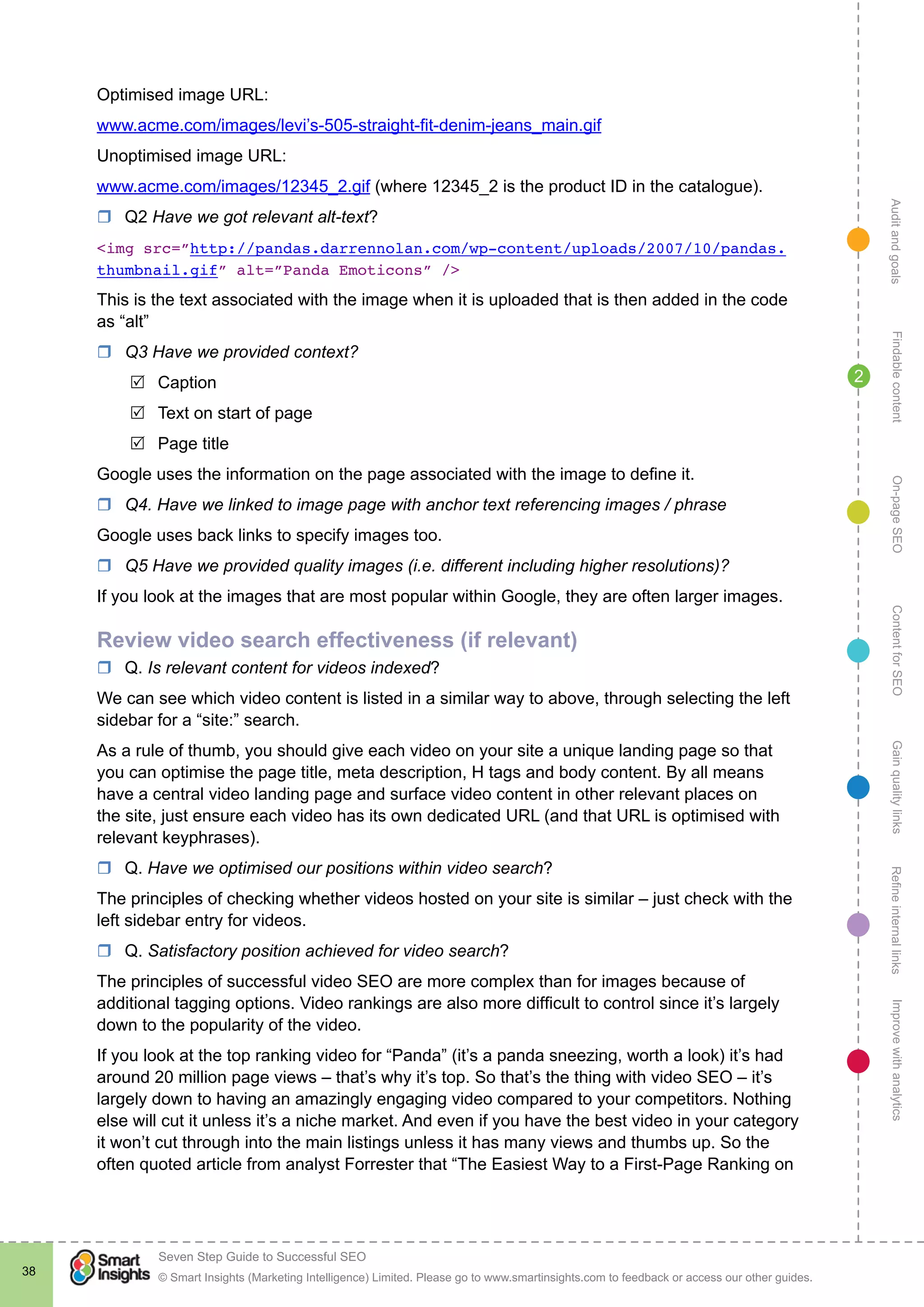 AuditandgoalsRefineinternallinksImprovewithanalyticsGainqualitylinksContentforSEOOn-pageSEOFindablecontent
© Smart Insights (Marketing Intelligence) Limited. Please go to www.smartinsights.com to feedback or access our other guides.
Seven Step Guide to Successful SEO
!
38
2
Optimised image URL:
www.acme.com/images/levi’s-505-straight-fit-denim-jeans_main.gif
Unoptimised image URL:
www.acme.com/images/12345_2.gif (where 12345_2 is the product ID in the catalogue).
rr Q2 Have we got relevant alt-text?
<img src=”http://pandas.darrennolan.com/wp-content/uploads/2007/10/pandas.
thumbnail.gif” alt=”Panda Emoticons” />
This is the text associated with the image when it is uploaded that is then added in the code
as “alt”
rr Q3 Have we provided context?
R	Caption
R	Text on start of page
R	Page title
Google uses the information on the page associated with the image to define it.
rr Q4. Have we linked to image page with anchor text referencing images / phrase
Google uses back links to specify images too.
rr Q5 Have we provided quality images (i.e. different including higher resolutions)?
If you look at the images that are most popular within Google, they are often larger images.
Review video search effectiveness (if relevant)
rr Q. Is relevant content for videos indexed?
We can see which video content is listed in a similar way to above, through selecting the left
sidebar for a “site:” search.
As a rule of thumb, you should give each video on your site a unique landing page so that
you can optimise the page title, meta description, H tags and body content. By all means
have a central video landing page and surface video content in other relevant places on
the site, just ensure each video has its own dedicated URL (and that URL is optimised with
relevant keyphrases).
rr Q. Have we optimised our positions within video search?
The principles of checking whether videos hosted on your site is similar – just check with the
left sidebar entry for videos.
rr Q. Satisfactory position achieved for video search?
The principles of successful video SEO are more complex than for images because of
additional tagging options. Video rankings are also more difficult to control since it’s largely
down to the popularity of the video.
If you look at the top ranking video for “Panda” (it’s a panda sneezing, worth a look) it’s had
around 20 million page views – that’s why it’s top. So that’s the thing with video SEO – it’s
largely down to having an amazingly engaging video compared to your competitors. Nothing
else will cut it unless it’s a niche market. And even if you have the best video in your category
it won’t cut through into the main listings unless it has many views and thumbs up. So the
often quoted article from analyst Forrester that “The Easiest Way to a First-Page Ranking on
 