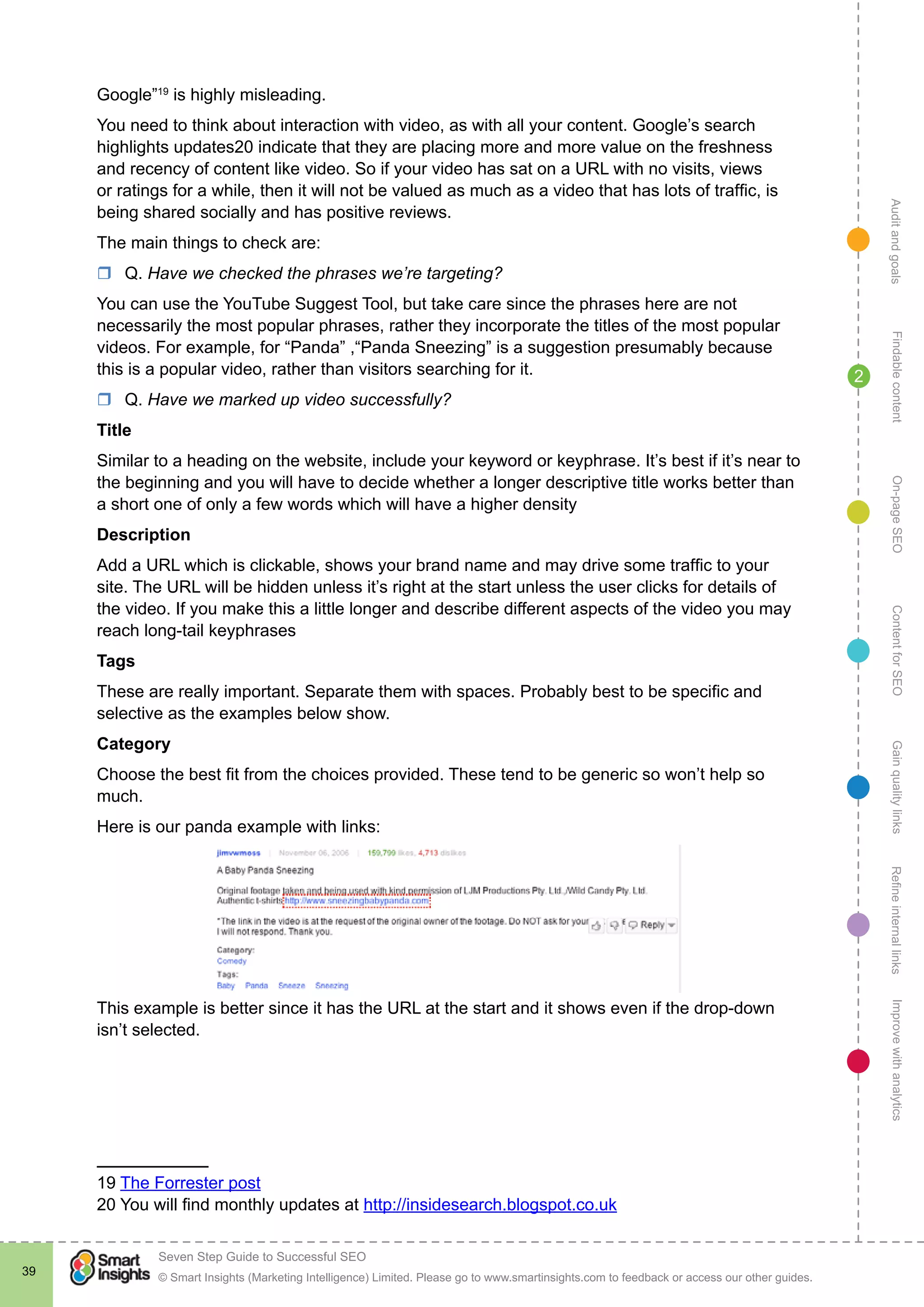 AuditandgoalsRefineinternallinksImprovewithanalyticsGainqualitylinksContentforSEOOn-pageSEOFindablecontent
© Smart Insights (Marketing Intelligence) Limited. Please go to www.smartinsights.com to feedback or access our other guides.
Seven Step Guide to Successful SEO
!
39
2
Google”19
is highly misleading.
You need to think about interaction with video, as with all your content. Google’s search
highlights updates20 indicate that they are placing more and more value on the freshness
and recency of content like video. So if your video has sat on a URL with no visits, views
or ratings for a while, then it will not be valued as much as a video that has lots of traffic, is
being shared socially and has positive reviews.
The main things to check are:
rr Q. Have we checked the phrases we’re targeting?
You can use the YouTube Suggest Tool, but take care since the phrases here are not
necessarily the most popular phrases, rather they incorporate the titles of the most popular
videos. For example, for “Panda” ,“Panda Sneezing” is a suggestion presumably because
this is a popular video, rather than visitors searching for it.
rr Q. Have we marked up video successfully?
Title
Similar to a heading on the website, include your keyword or keyphrase. It’s best if it’s near to
the beginning and you will have to decide whether a longer descriptive title works better than
a short one of only a few words which will have a higher density
Description
Add a URL which is clickable, shows your brand name and may drive some traffic to your
site. The URL will be hidden unless it’s right at the start unless the user clicks for details of
the video. If you make this a little longer and describe different aspects of the video you may
reach long-tail keyphrases
Tags
These are really important. Separate them with spaces. Probably best to be specific and
selective as the examples below show.
Category
Choose the best fit from the choices provided. These tend to be generic so won’t help so
much.
Here is our panda example with links:
This example is better since it has the URL at the start and it shows even if the drop-down
isn’t selected.
19 The Forrester post
20 You will find monthly updates at http://insidesearch.blogspot.co.uk
 