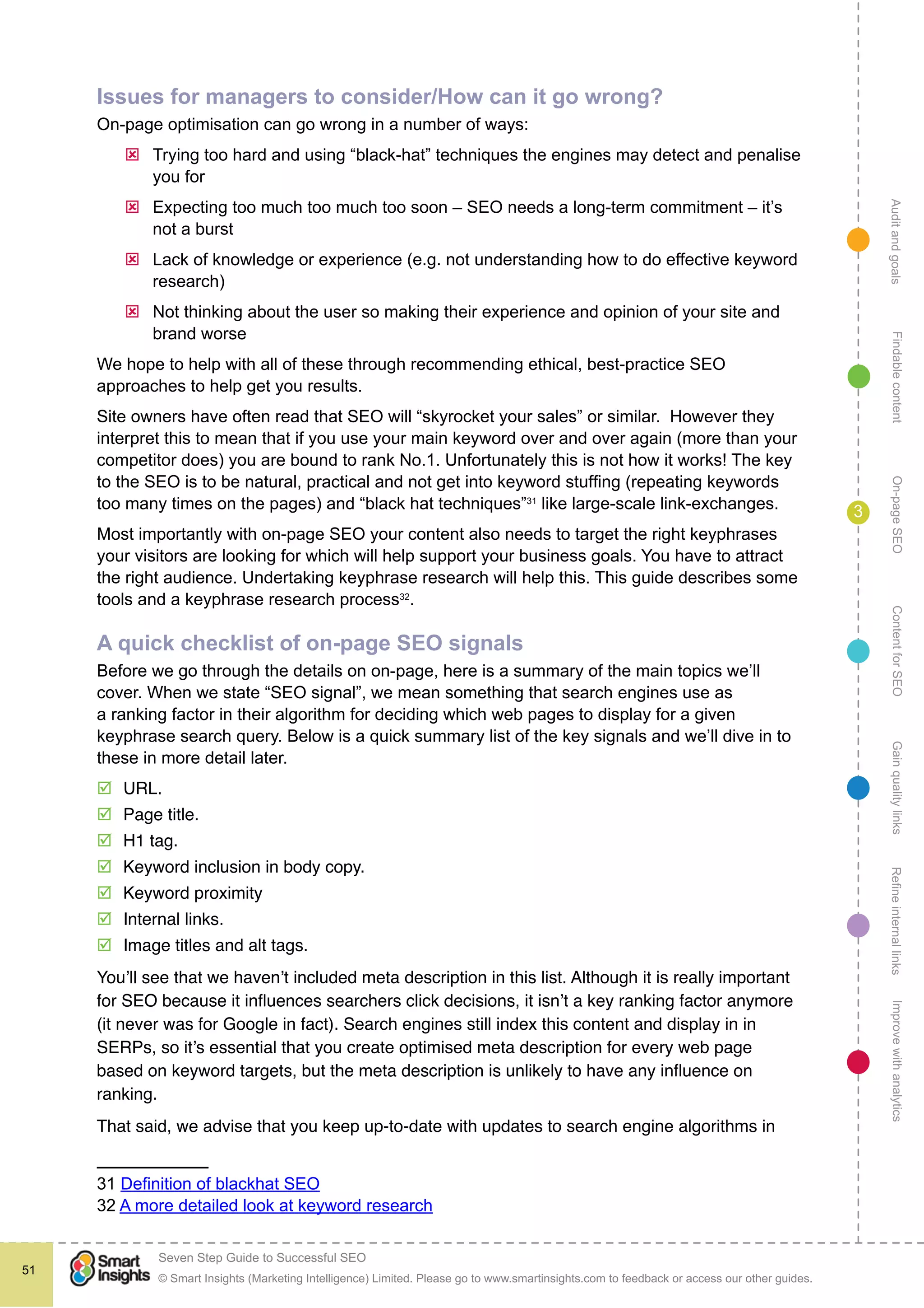 AuditandgoalsRefineinternallinksImprovewithanalyticsGainqualitylinksContentforSEOOn-pageSEOFindablecontent
© Smart Insights (Marketing Intelligence) Limited. Please go to www.smartinsights.com to feedback or access our other guides.
Seven Step Guide to Successful SEO
!
51
3
Issues for managers to consider/How can it go wrong?
On-page optimisation can go wrong in a number of ways:
ýý Trying too hard and using “black-hat” techniques the engines may detect and penalise
you for
ýý Expecting too much too much too soon – SEO needs a long-term commitment – it’s
not a burst
ýý Lack of knowledge or experience (e.g. not understanding how to do effective keyword
research)
ýý Not thinking about the user so making their experience and opinion of your site and
brand worse
We hope to help with all of these through recommending ethical, best-practice SEO
approaches to help get you results.
Site owners have often read that SEO will “skyrocket your sales” or similar. However they
interpret this to mean that if you use your main keyword over and over again (more than your
competitor does) you are bound to rank No.1. Unfortunately this is not how it works! The key
to the SEO is to be natural, practical and not get into keyword stuffing (repeating keywords
too many times on the pages) and “black hat techniques”31
like large-scale link-exchanges.
Most importantly with on-page SEO your content also needs to target the right keyphrases
your visitors are looking for which will help support your business goals. You have to attract
the right audience. Undertaking keyphrase research will help this. This guide describes some
tools and a keyphrase research process32
.
A quick checklist of on-page SEO signals
Before we go through the details on on-page, here is a summary of the main topics we’ll
cover. When we state “SEO signal”, we mean something that search engines use as
a ranking factor in their algorithm for deciding which web pages to display for a given
keyphrase search query. Below is a quick summary list of the key signals and we’ll dive in to
these in more detail later.
þþ URL.
þþ Page title.
þþ H1 tag.
þþ Keyword inclusion in body copy.
þþ Keyword proximity
þþ Internal links.
þþ Image titles and alt tags.
You’ll see that we haven’t included meta description in this list. Although it is really important
for SEO because it influences searchers click decisions, it isn’t a key ranking factor anymore
(it never was for Google in fact). Search engines still index this content and display in in
SERPs, so it’s essential that you create optimised meta description for every web page
based on keyword targets, but the meta description is unlikely to have any influence on
ranking.
That said, we advise that you keep up-to-date with updates to search engine algorithms in
31 Definition of blackhat SEO
32 A more detailed look at keyword research
 