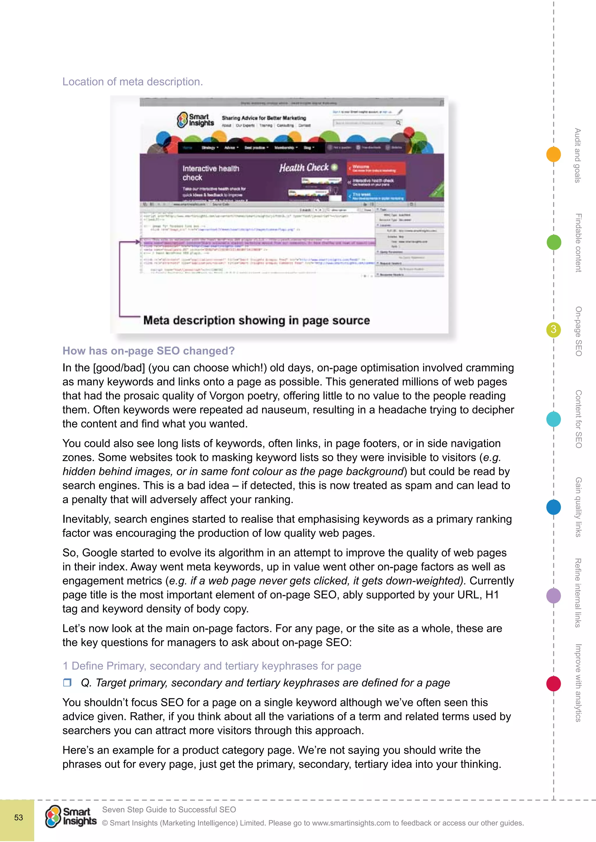 AuditandgoalsRefineinternallinksImprovewithanalyticsGainqualitylinksContentforSEOOn-pageSEOFindablecontent
© Smart Insights (Marketing Intelligence) Limited. Please go to www.smartinsights.com to feedback or access our other guides.
Seven Step Guide to Successful SEO
!
53
3
Location of meta description.
How has on-page SEO changed?
In the [good/bad] (you can choose which!) old days, on-page optimisation involved cramming
as many keywords and links onto a page as possible. This generated millions of web pages
that had the prosaic quality of Vorgon poetry, offering little to no value to the people reading
them. Often keywords were repeated ad nauseum, resulting in a headache trying to decipher
the content and find what you wanted.
You could also see long lists of keywords, often links, in page footers, or in side navigation
zones. Some websites took to masking keyword lists so they were invisible to visitors (e.g.
hidden behind images, or in same font colour as the page background) but could be read by
search engines. This is a bad idea – if detected, this is now treated as spam and can lead to
a penalty that will adversely affect your ranking.
Inevitably, search engines started to realise that emphasising keywords as a primary ranking
factor was encouraging the production of low quality web pages.
So, Google started to evolve its algorithm in an attempt to improve the quality of web pages
in their index. Away went meta keywords, up in value went other on-page factors as well as
engagement metrics (e.g. if a web page never gets clicked, it gets down-weighted). Currently
page title is the most important element of on-page SEO, ably supported by your URL, H1
tag and keyword density of body copy.
Let’s now look at the main on-page factors. For any page, or the site as a whole, these are
the key questions for managers to ask about on-page SEO:
1 Define Primary, secondary and tertiary keyphrases for page
rr Q. Target primary, secondary and tertiary keyphrases are defined for a page
You shouldn’t focus SEO for a page on a single keyword although we’ve often seen this
advice given. Rather, if you think about all the variations of a term and related terms used by
searchers you can attract more visitors through this approach.
Here’s an example for a product category page. We’re not saying you should write the
phrases out for every page, just get the primary, secondary, tertiary idea into your thinking.
 