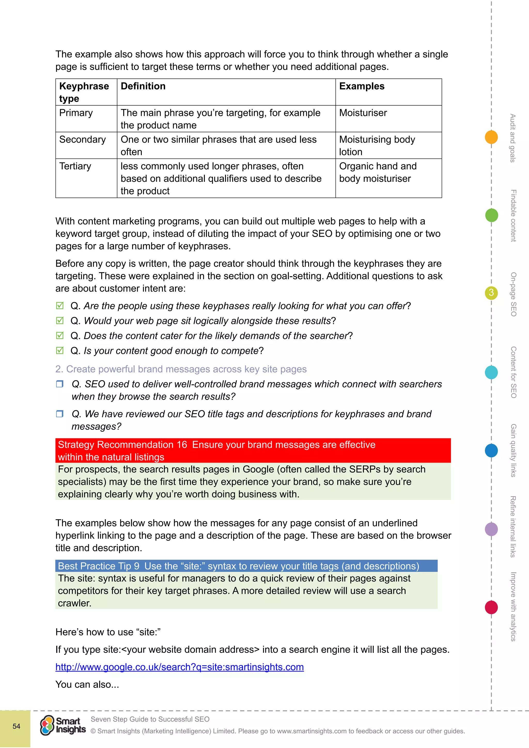 AuditandgoalsRefineinternallinksImprovewithanalyticsGainqualitylinksContentforSEOOn-pageSEOFindablecontent
© Smart Insights (Marketing Intelligence) Limited. Please go to www.smartinsights.com to feedback or access our other guides.
Seven Step Guide to Successful SEO
!
54
3
The example also shows how this approach will force you to think through whether a single
page is sufficient to target these terms or whether you need additional pages.
Keyphrase
type
Definition Examples
Primary The main phrase you’re targeting, for example
the product name
Moisturiser
Secondary One or two similar phrases that are used less
often
Moisturising body
lotion
Tertiary less commonly used longer phrases, often
based on additional qualifiers used to describe
the product
Organic hand and
body moisturiser
With content marketing programs, you can build out multiple web pages to help with a
keyword target group, instead of diluting the impact of your SEO by optimising one or two
pages for a large number of keyphrases.
Before any copy is written, the page creator should think through the keyphrases they are
targeting. These were explained in the section on goal-setting. Additional questions to ask
are about customer intent are:
þþ Q. Are the people using these keyphases really looking for what you can offer?
þþ Q. Would your web page sit logically alongside these results?
þþ Q. Does the content cater for the likely demands of the searcher?
þþ Q. Is your content good enough to compete?
2. Create powerful brand messages across key site pages
rr Q. SEO used to deliver well-controlled brand messages which connect with searchers
when they browse the search results?
rr Q. We have reviewed our SEO title tags and descriptions for keyphrases and brand
messages?
Strategy Recommendation 16  Ensure your brand messages are effective
within the natural listings
For prospects, the search results pages in Google (often called the SERPs by search
specialists) may be the first time they experience your brand, so make sure you’re
explaining clearly why you’re worth doing business with.
The examples below show how the messages for any page consist of an underlined
hyperlink linking to the page and a description of the page. These are based on the browser
title and description.
Best Practice Tip 9  Use the “site:” syntax to review your title tags (and descriptions)
The site: syntax is useful for managers to do a quick review of their pages against
competitors for their key target phrases. A more detailed review will use a search
crawler.
Here’s how to use “site:”
If you type site:<your website domain address> into a search engine it will list all the pages.
http://www.google.co.uk/search?q=site:smartinsights.com
You can also...
 