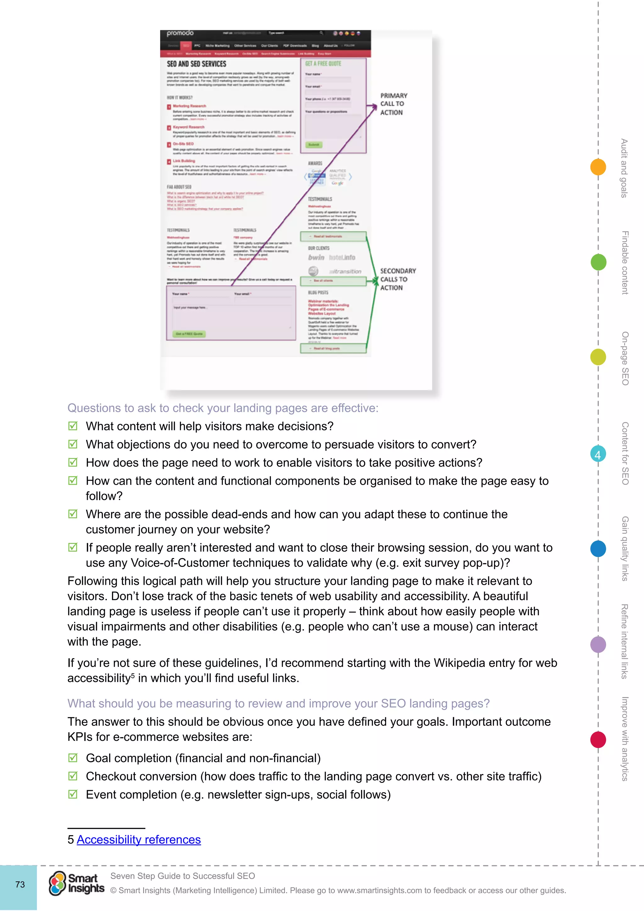 AuditandgoalsRefineinternallinksImprovewithanalyticsGainqualitylinksContentforSEOOn-pageSEOFindablecontent
© Smart Insights (Marketing Intelligence) Limited. Please go to www.smartinsights.com to feedback or access our other guides.
Seven Step Guide to Successful SEO
!
73
4
Questions to ask to check your landing pages are effective:
þþ What content will help visitors make decisions?
þþ What objections do you need to overcome to persuade visitors to convert?
þþ How does the page need to work to enable visitors to take positive actions?
þþ How can the content and functional components be organised to make the page easy to
follow?
þþ Where are the possible dead-ends and how can you adapt these to continue the
customer journey on your website?
þþ If people really aren’t interested and want to close their browsing session, do you want to
use any Voice-of-Customer techniques to validate why (e.g. exit survey pop-up)?
Following this logical path will help you structure your landing page to make it relevant to
visitors. Don’t lose track of the basic tenets of web usability and accessibility. A beautiful
landing page is useless if people can’t use it properly – think about how easily people with
visual impairments and other disabilities (e.g. people who can’t use a mouse) can interact
with the page.
If you’re not sure of these guidelines, I’d recommend starting with the Wikipedia entry for web
accessibility5
in which you’ll find useful links. 
What should you be measuring to review and improve your SEO landing pages?
The answer to this should be obvious once you have defined your goals. Important outcome
KPIs for e-commerce websites are:
þþ Goal completion (financial and non-financial)
þþ Checkout conversion (how does traffic to the landing page convert vs. other site traffic)
þþ Event completion (e.g. newsletter sign-ups, social follows)
5 Accessibility references
 