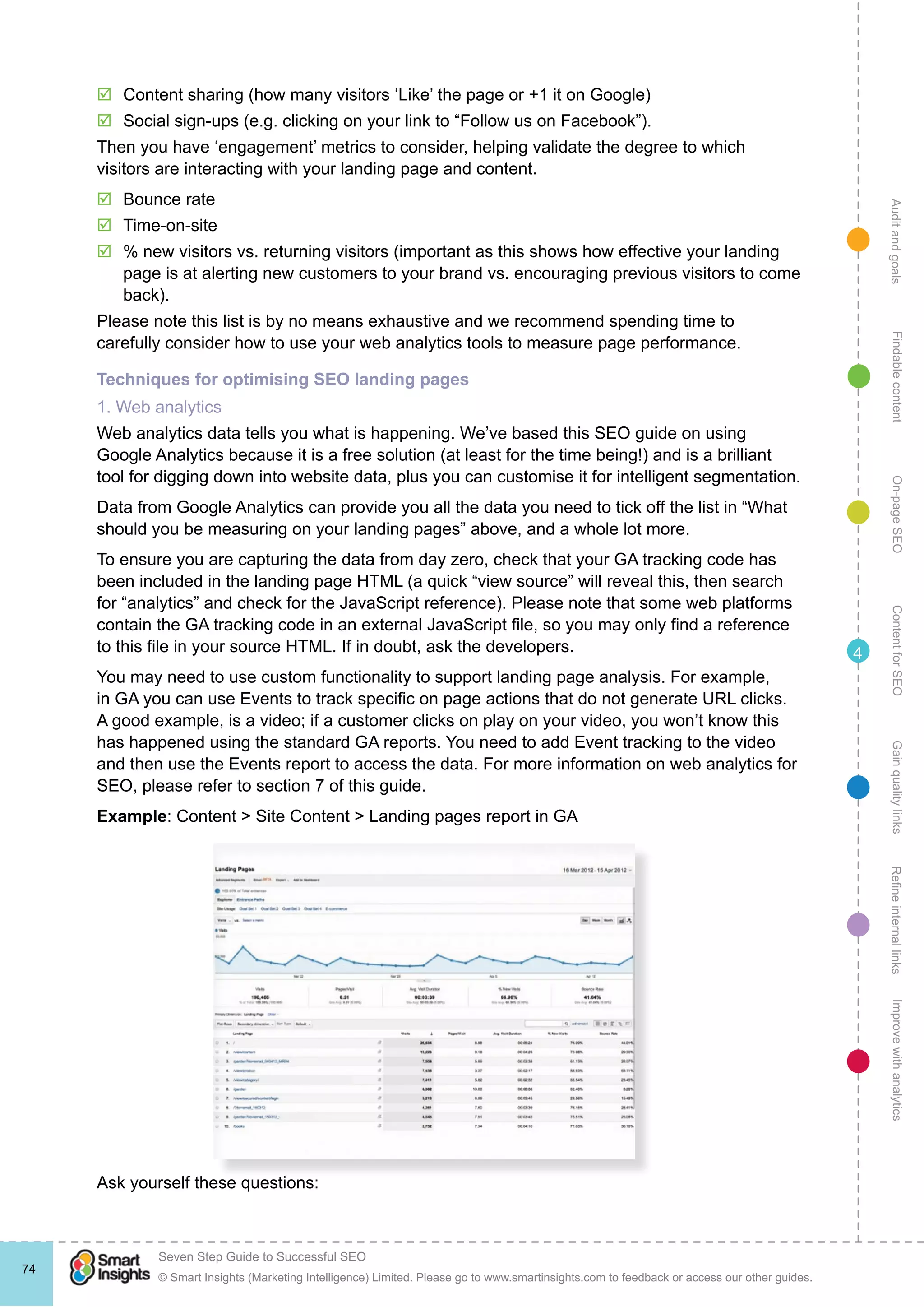 AuditandgoalsRefineinternallinksImprovewithanalyticsGainqualitylinksContentforSEOOn-pageSEOFindablecontent
© Smart Insights (Marketing Intelligence) Limited. Please go to www.smartinsights.com to feedback or access our other guides.
Seven Step Guide to Successful SEO
!
74
4
þþ Content sharing (how many visitors ‘Like’ the page or +1 it on Google)
þþ Social sign-ups (e.g. clicking on your link to “Follow us on Facebook”).
Then you have ‘engagement’ metrics to consider, helping validate the degree to which
visitors are interacting with your landing page and content.
þþ Bounce rate
þþ Time-on-site
þþ % new visitors vs. returning visitors (important as this shows how effective your landing
page is at alerting new customers to your brand vs. encouraging previous visitors to come
back).
Please note this list is by no means exhaustive and we recommend spending time to
carefully consider how to use your web analytics tools to measure page performance.
Techniques for optimising SEO landing pages
1. Web analytics
Web analytics data tells you what is happening. We’ve based this SEO guide on using
Google Analytics because it is a free solution (at least for the time being!) and is a brilliant
tool for digging down into website data, plus you can customise it for intelligent segmentation.
Data from Google Analytics can provide you all the data you need to tick off the list in “What
should you be measuring on your landing pages” above, and a whole lot more.
To ensure you are capturing the data from day zero, check that your GA tracking code has
been included in the landing page HTML (a quick “view source” will reveal this, then search
for “analytics” and check for the JavaScript reference). Please note that some web platforms
contain the GA tracking code in an external JavaScript file, so you may only find a reference
to this file in your source HTML. If in doubt, ask the developers.
You may need to use custom functionality to support landing page analysis. For example,
in GA you can use Events to track specific on page actions that do not generate URL clicks.
A good example, is a video; if a customer clicks on play on your video, you won’t know this
has happened using the standard GA reports. You need to add Event tracking to the video
and then use the Events report to access the data. For more information on web analytics for
SEO, please refer to section 7 of this guide.
Example: Content > Site Content > Landing pages report in GA
Ask yourself these questions:
 