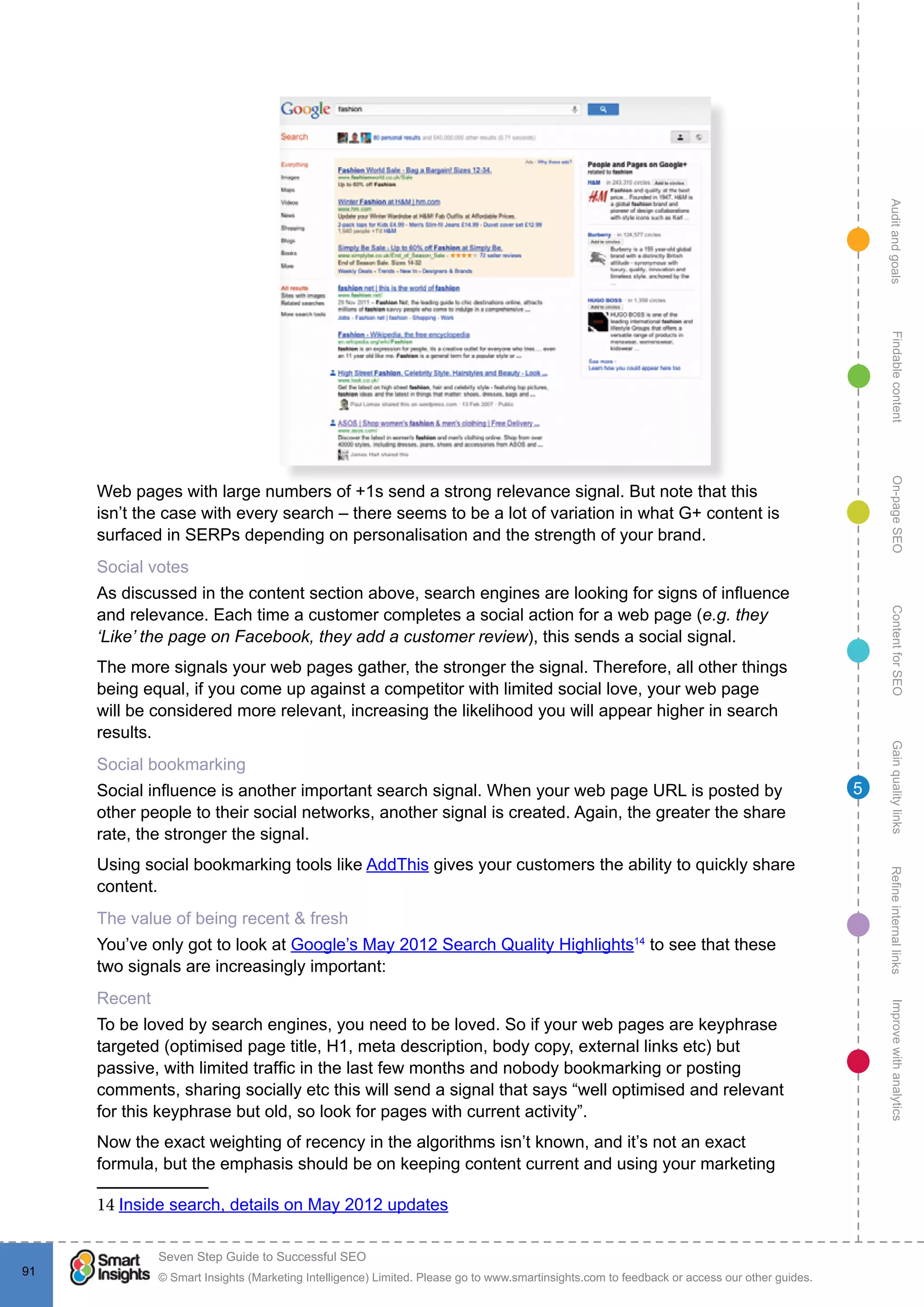 AuditandgoalsRefineinternallinksImprovewithanalyticsGainqualitylinksContentforSEOOn-pageSEOFindablecontent
© Smart Insights (Marketing Intelligence) Limited. Please go to www.smartinsights.com to feedback or access our other guides.
Seven Step Guide to Successful SEO
!
91
5
14.	
15.	
16.	
17.	
18.	
19.	
20.	
21.	
22.	
23.	
24.	
25.	
26.	
Web pages with large numbers of +1s send a strong relevance signal. But note that this
isn’t the case with every search – there seems to be a lot of variation in what G+ content is
surfaced in SERPs depending on personalisation and the strength of your brand.
Social votes
As discussed in the content section above, search engines are looking for signs of influence
and relevance. Each time a customer completes a social action for a web page (e.g. they
‘Like’ the page on Facebook, they add a customer review), this sends a social signal.
The more signals your web pages gather, the stronger the signal. Therefore, all other things
being equal, if you come up against a competitor with limited social love, your web page
will be considered more relevant, increasing the likelihood you will appear higher in search
results.
Social bookmarking
Social influence is another important search signal. When your web page URL is posted by
other people to their social networks, another signal is created. Again, the greater the share
rate, the stronger the signal.
Using social bookmarking tools like AddThis gives your customers the ability to quickly share
content.
The value of being recent & fresh
You’ve only got to look at Google’s May 2012 Search Quality Highlights14
to see that these
two signals are increasingly important:
Recent
To be loved by search engines, you need to be loved. So if your web pages are keyphrase
targeted (optimised page title, H1, meta description, body copy, external links etc) but
passive, with limited traffic in the last few months and nobody bookmarking or posting
comments, sharing socially etc this will send a signal that says “well optimised and relevant
for this keyphrase but old, so look for pages with current activity”.
Now the exact weighting of recency in the algorithms isn’t known, and it’s not an exact
formula, but the emphasis should be on keeping content current and using your marketing
14 Inside search, details on May 2012 updates
 