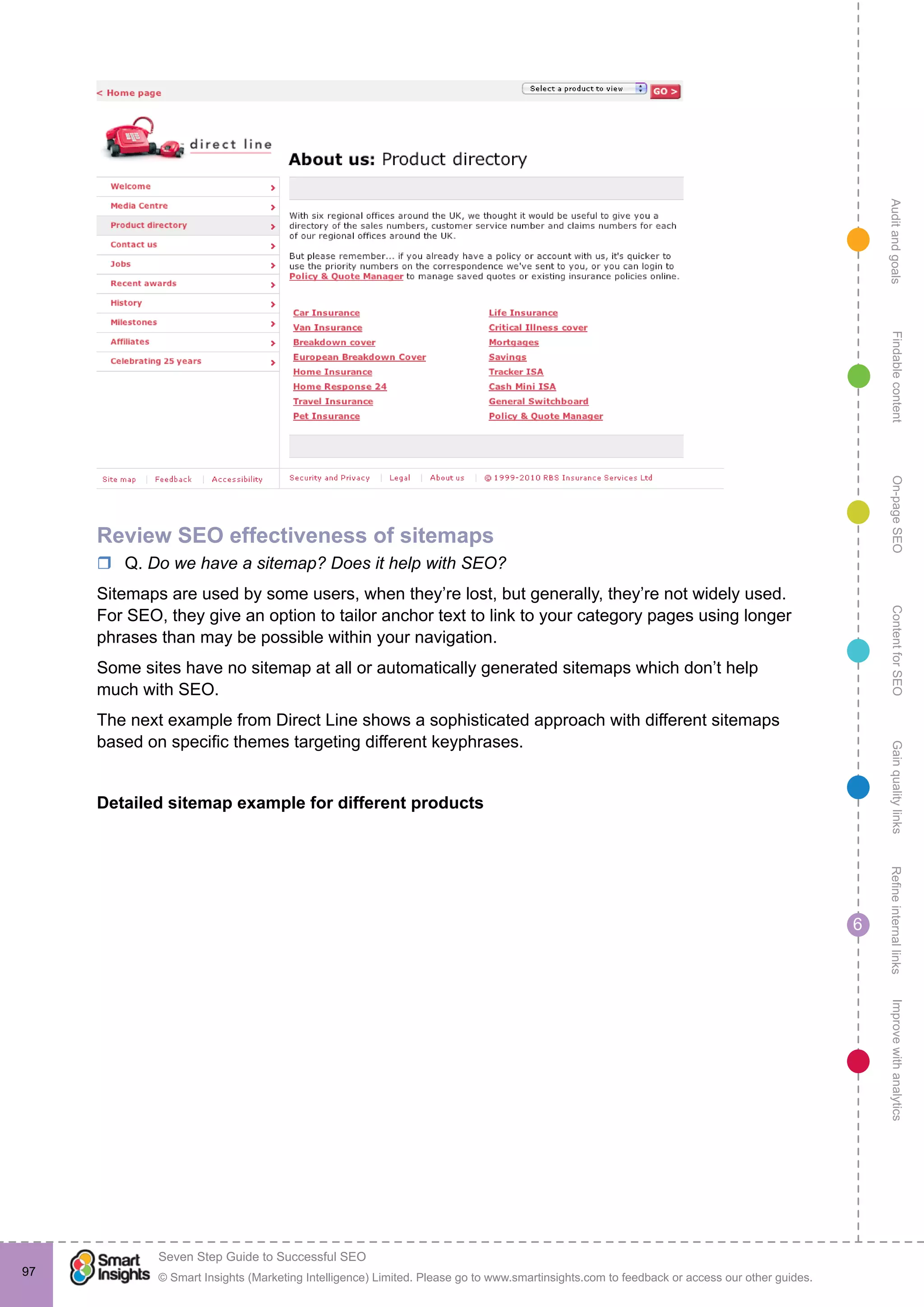 AuditandgoalsRefineinternallinksImprovewithanalyticsGainqualitylinksContentforSEOOn-pageSEOFindablecontent
© Smart Insights (Marketing Intelligence) Limited. Please go to www.smartinsights.com to feedback or access our other guides.
Seven Step Guide to Successful SEO
!
6
97
Review SEO effectiveness of sitemaps
rr Q. Do we have a sitemap? Does it help with SEO?
Sitemaps are used by some users, when they’re lost, but generally, they’re not widely used.
For SEO, they give an option to tailor anchor text to link to your category pages using longer
phrases than may be possible within your navigation.
Some sites have no sitemap at all or automatically generated sitemaps which don’t help
much with SEO.
The next example from Direct Line shows a sophisticated approach with different sitemaps
based on specific themes targeting different keyphrases.
Detailed sitemap example for different products
 