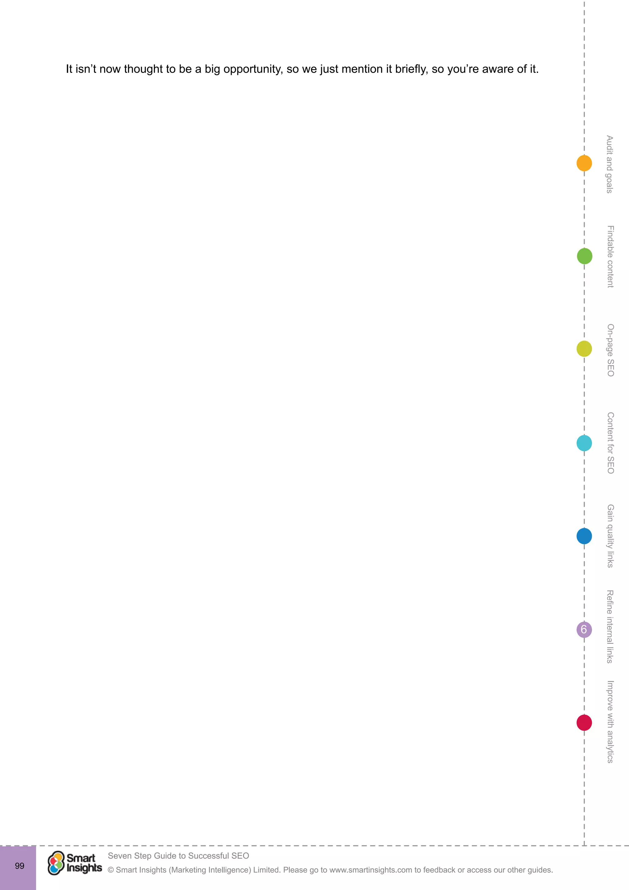 AuditandgoalsRefineinternallinksImprovewithanalyticsGainqualitylinksContentforSEOOn-pageSEOFindablecontent
© Smart Insights (Marketing Intelligence) Limited. Please go to www.smartinsights.com to feedback or access our other guides.
Seven Step Guide to Successful SEO
!
6
99
It isn’t now thought to be a big opportunity, so we just mention it briefly, so you’re aware of it.
 