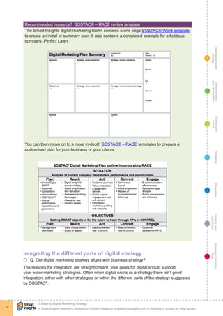 Managingdigital
strategy
Gettingnew
customers
Keepingcustomers
loyal
PropositionTargetingDefineyour
future
Understanding
yourecosystem
© Smart Insights (Marketing Intelligence) Limited. Please go to www.smartinsights.com to feedback or access our other guides.
7 Steps to Digital Marketing Strategy
!
12
1
Recommended resource?  SOSTAC® – RACE review template
The Smart Insights digital marketing toolkit contains a one page SOSTAC® Word template
to create an initial or summary plan. It also contains a completed example for a fictitious
company, Perfect Lawn.
You can then move on to a more in-depth SOSTAC® – RACE templates to prepare a
customised plan for your business or your clients.
Integrating the different parts of digital strategy
rr Q. Our digital marketing strategy aligns with business strategy?
The reasons for integration are straightforward, your goals for digital should support
your wider marketing strategies. Often when digital exists as a strategy there isn’t good
integration, either with other strategies or within the different parts of the strategy suggested
by SOSTAC®
.
 