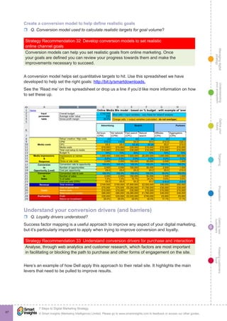 Managingdigital
strategy
Gettingnew
customers
Keepingcustomers
loyal
PropositionTargetingDefineyour
future
Understanding
yourecosystem
© Smart Insights (Marketing Intelligence) Limited. Please go to www.smartinsights.com to feedback or access our other guides.
7 Steps to Digital Marketing Strategy
!
6
67
Create a conversion model to help define realistic goals
rr Q. Conversion model used to calculate realistic targets for goal volume?
Strategy Recommendation 32  Develop conversion models to set realistic
online channel goals
Conversion models can help you set realistic goals from online marketing. Once
your goals are defined you can review your progress towards them and make the
improvements necessary to succeed.
A conversion model helps set quantitative targets to hit. Use this spreadsheet we have
developed to help set the right goals: http://bit.ly/smartdownloads.
See the ‘Read me’ on the spreadsheet or drop us a line if you’d like more information on how
to set these up.
Understand your conversion drivers (and barriers)
rr Q. Loyalty drivers understood?
Success factor mapping is a useful approach to improve any aspect of your digital marketing,
but it’s particularly important to apply when trying to improve conversion and loyalty.
Strategy Recommendation 33  Understand conversion drivers for purchase and interaction
Analyse, through web analytics and customer research, which factors are most important
in facilitating or blocking the path to purchase and other forms of engagement on the site.
Here’s an example of how Dell apply this approach to their retail site. It highlights the main
levers that need to be pulled to improve results.
 