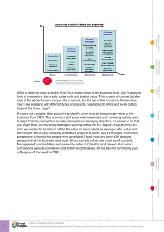 Managingdigital
strategy
Gettingnew
customers
Keepingcustomers
loyal
PropositionTargetingDefineyour
future
Understanding
yourecosystem
© Smart Insights (Marketing Intelligence) Limited. Please go to www.smartinsights.com to feedback or access our other guides.
7 Steps to Digital Marketing Strategy
!
6
71
CRO is relatively easy to tackle if you’re a retailer since at the business level, you’re going to
look at conversion rate to sale, sales units and basket value. This is great of course but also
look at the whole funnel – not just the checkout, but the top of the funnel too. Review how
many are engaging with different types of products, responding to offers and even getting
beyond the home page?
If you’re not a retailer, then you have to identify other ways to demonstrate value to the
business from CRO. This is serious stuff since web investment and marketing activity need
to align from the perspective of sales managers or managing directors. It’s easier to do that
you might think, as marketing managers working within the TUI Travel Group at www.i-to-i.
com we needed to be able to define the value of leads based on average order value and
conversion rate to sale. Knowing a brochure enquirer is worth, say £1 changes everyone’s
perspective, knowing that people who completed 3 lead types are worth £50 changes
perspective at the business level again (those sample values are made up of course!).
Management is immediately empowered to enter in to healthy and relevant discussion
surrounding website conversion and all that encompasses. All the best for convincing your
colleagues of the need for CRO.
 