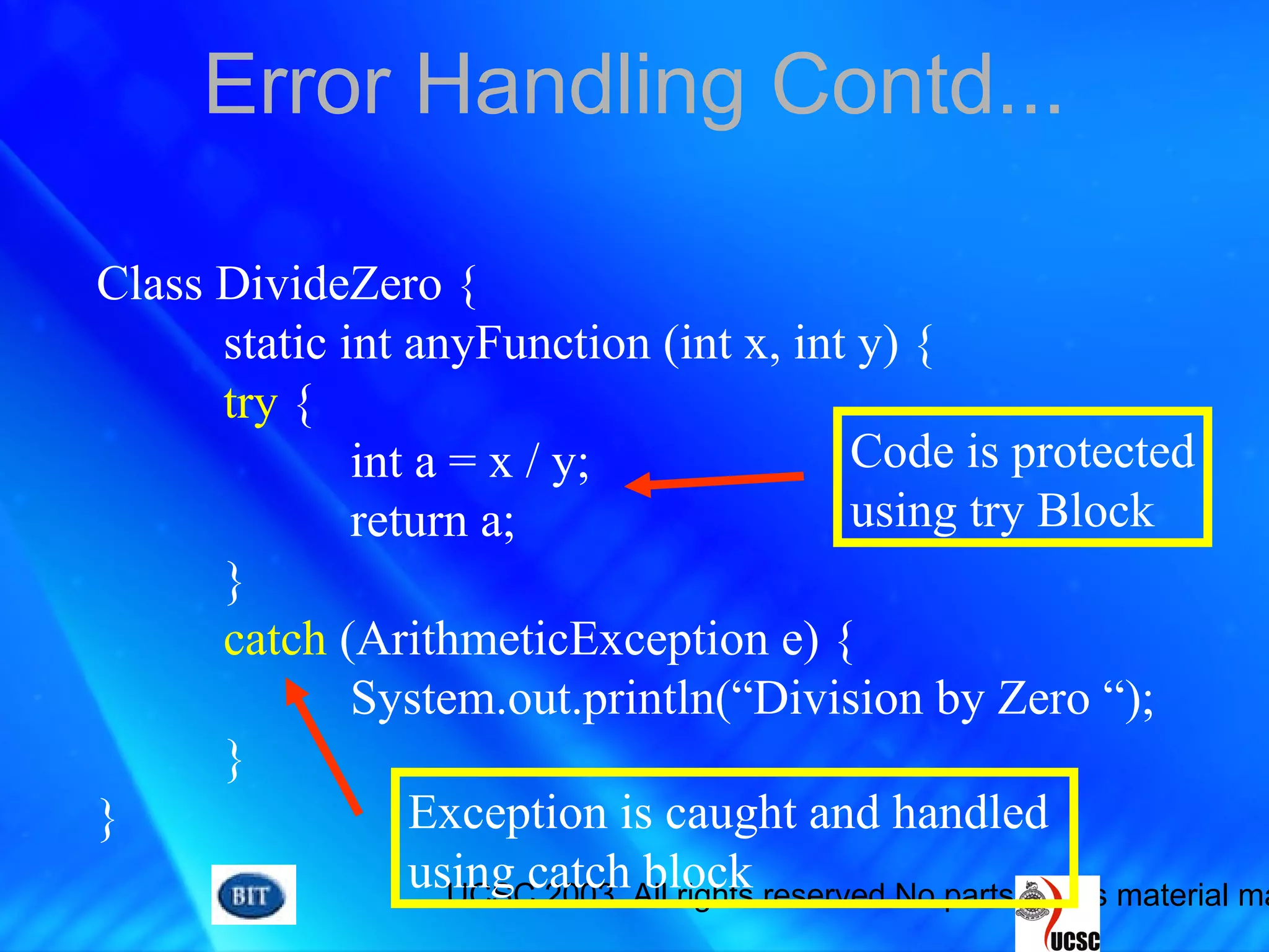 UCSC 2003. All rights reserved.No parts of this material ma
Error Handling Contd...
Class DivideZero {
static int anyFunction (int x, int y) {
try {
int a = x / y;
return a;
}
catch (ArithmeticException e) {
System.out.println(“Division by Zero “);
}
}
Code is protected
using try Block
Exception is caught and handled
using catch block
