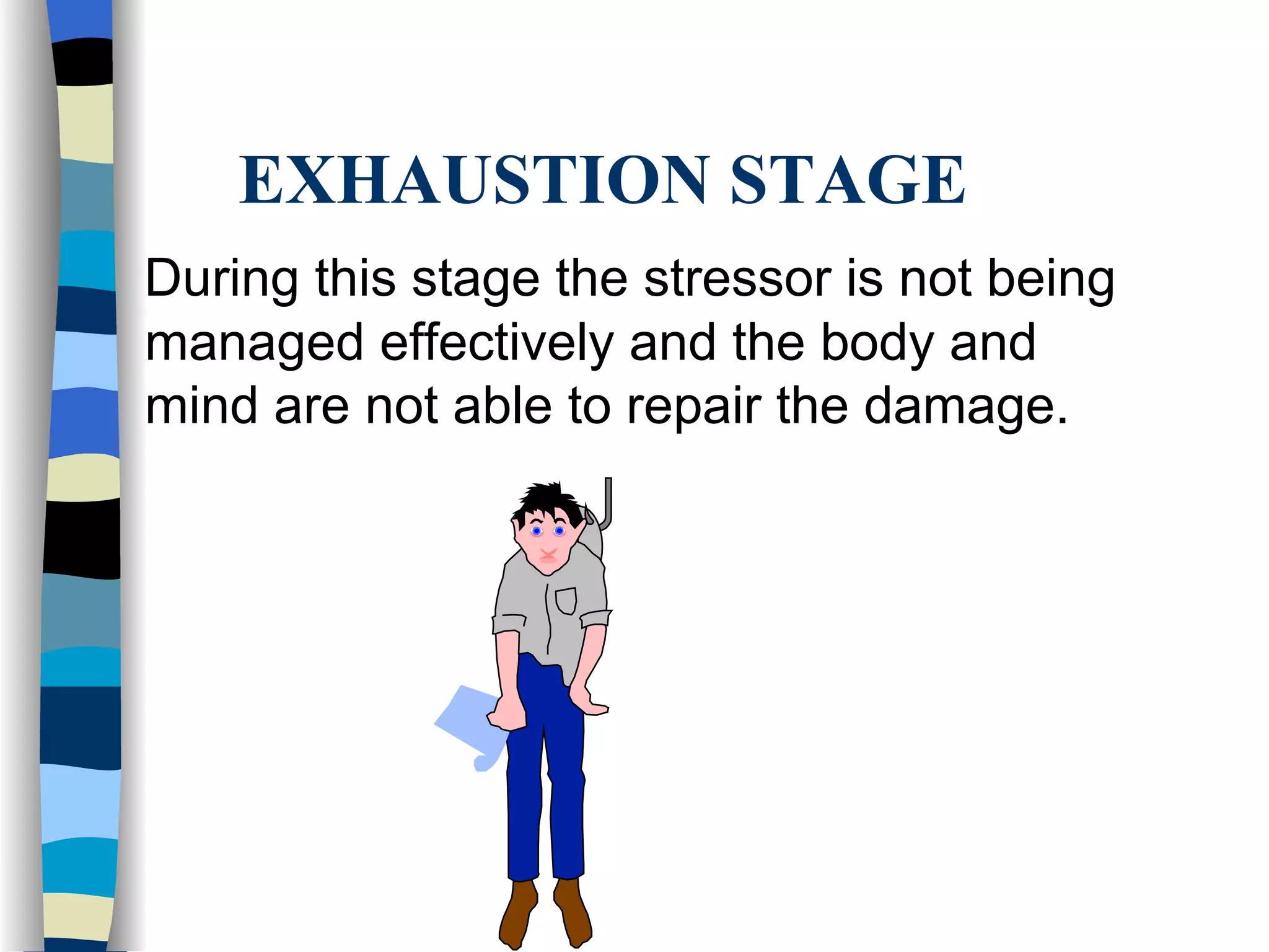 EXHAUSTION STAGE During this stage the stressor is not being managed effectively and the body and mind are not able to repair the damage. 