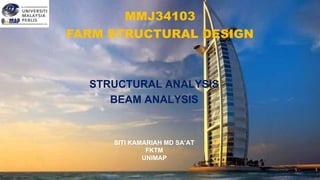 SITI KAMARIAH MD SA’AT
FKTM
UNIMAP
STRUCTURAL ANALYSIS
BEAM ANALYSIS
MMJ34103
FARM STRUCTURAL DESIGN
 