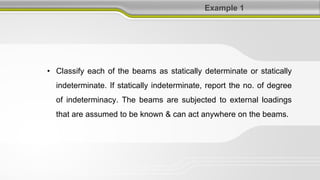 Example 1
• Classify each of the beams as statically determinate or statically
indeterminate. If statically indeterminate, report the no. of degree
of indeterminacy. The beams are subjected to external loadings
that are assumed to be known & can act anywhere on the beams.
 