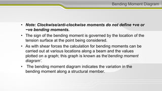 Bending Moment Diagram
• Note: Clockwise/anti-clockwise moments do not define +ve or
−ve bending moments.
• The sign of the bending moment is governed by the location of the
tension surface at the point being considered.
• As with shear forces the calculation for bending moments can be
carried out at various locations along a beam and the values
plotted on a graph; this graph is known as the‘bending moment
diagram’.
• The bending moment diagram indicates the variation in the
bending moment along a structural member.
 
