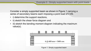 Example 5 : Simply supported beam with point loads
Consider a simply supported beam as shown in Figure 1 carrying a
series of secondary beams each imposing a point load of 4 kN.
• i) determine the support reactions,
• ii) sketch the shear force diagram and
• iii) sketch the bending moment diagram indicating the maximum
value(s).
Figure 1: Simply supported beam
 