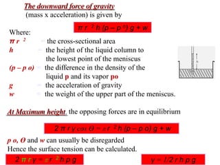 The downward force of gravity
(mass x acceleration) is given by
Where:
π r 2 = the cross-sectional area
h = the height of the liquid column to
the lowest point of the meniscus
(p – p o) = the difference in the density of the
liquid p and its vapor po
g = the acceleration of gravity
w = the weight of the upper part of the meniscus.
At Maximum height, the opposing forces are in equilibrium
p o, Ө and w can usually be disregarded
Hence the surface tension can be calculated.
π r 2 h (p – p o) g + w
2 π r γ cos Ө = π r 2 h (p – p o) g + w
2 π r γ = π r 2 h p g γ = 1/2 r h p g
 