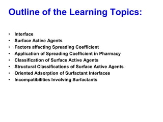 Outline of the Learning Topics:
• Interface
• Surface Active Agents
• Factors affecting Spreading Coefficient
• Application of Spreading Coefficient in Pharmacy
• Classification of Surface Active Agents
• Structural Classifications of Surface Active Agents
• Oriented Adsorption of Surfactant Interfaces
• Incompatibilities Involving Surfactants
 