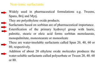 Non-ionic surfactants
Widely used in pharmaceutical formulations e.g. Tweens,
Spans, Brij and Myrj.
They are polyethylene oxide products.
Surfactants based on sorbitan are of pharmaceutical importance.
Esterification of the primary hydroxyl group with lauric,
palmitic, stearic or oleic acid forms sorbitan monolaurate,
monopalmitate, monostearate or monooleate
These are water-insoluble surfactants called Span 20, 40, 60 or
80, respectively.
Addition of about 20 ethylene oxide molecules produces the
water-soluble surfactants called polysorbate or Tween 20, 40. 60
or 80.
 