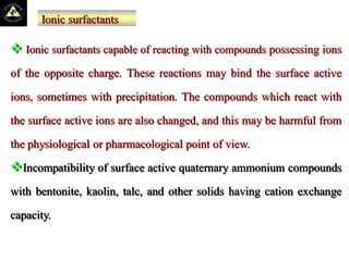 Ionic surfactants
 Ionic surfactants capable of reacting with compounds possessing ions
of the opposite charge. These reactions may bind the surface active
ions, sometimes with precipitation. The compounds which react with
the surface active ions are also changed, and this may be harmful from
the physiological or pharmacological point of view.
Incompatibility of surface active quaternary ammonium compounds
with bentonite, kaolin, talc, and other solids having cation exchange
capacity.
 