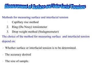 Methods for measuring surface and interfacial tension
1. Capillary rise method
2. Ring (Du Nouy) tensiometer
3. Drop weight method (Stalagmometer)
The choice of the method for measuring surface and interfacial tension
depend on:
 Whether surface or interfacial tension is to be determined.
 The accuracy desired
 The size of sample.
 