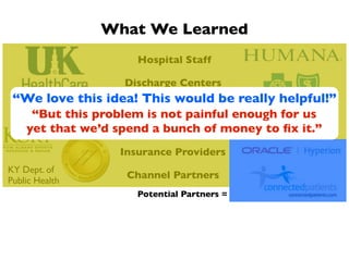 What We Learned
                     Hospital Staff

                   Discharge Centers
 “We love this idea! This would be really helpful!”
                      Physicians
     “But this problem is not painful enough for us
    yet that we’d spend a bunch of money to ﬁx it.”
                     Health Leaders

                  Insurance Providers
KY Dept. of
                   Channel Partners
Public Health
                     Potential Partners =
 