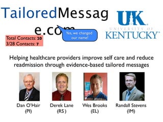 TailoredMessag
Intellimessage
     e.com           Team 7   Yes, we changed
Total Contacts: 20               our name!
3/28 Contacts: 7
Tailored medical messaging system through patient
proﬁle generationproviders improve self care and reduce
 Helping healthcare and tailored post-care messaging
   readmission through evidence-based tailored messages




     Dan O’Hair       Derek Lane       Wes Brooks   Randall Stevens
        (PI)               S
                        (RA)              (EL)           (IM)
 