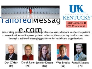 Intellimessage
TailoredMessag
                            Team 7

                                                          Total Contacts: 32
  Tailored medical messaging system through patient       3/28 Contacts:12
        e.com
  proﬁle generation and tailored post-care messaging
 Generating patient communication proﬁles to assist doctors in effective patient
 communication and improve patient self-care, thus reducing readmission rates
      through a tailored messaging platform for healthcare organizations.




             Dan O’Hair      Derek Lane     Wes Brooks      Randall Stevens
                (PI)           (RA)            (EL)              (IM)
   Dan O’Hair     Derek Lane Jennifer Dupuis     Wes Brooks Randall Stevens
      (PI)           (RS)          (RS)             (EL)         (IM)
 