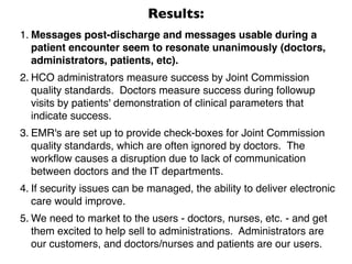 Results:
1. Messages post-discharge and messages usable during a
   patient encounter seem to resonate unanimously (doctors,
   administrators, patients, etc).
2. HCO administrators measure success by Joint Commission
   quality standards. Doctors measure success during followup
   visits by patients' demonstration of clinical parameters that
   indicate success.
3. EMR's are set up to provide check-boxes for Joint Commission
   quality standards, which are often ignored by doctors. The
   workﬂow causes a disruption due to lack of communication
   between doctors and the IT departments.
4. If security issues can be managed, the ability to deliver electronic
   care would improve.
5. We need to market to the users - doctors, nurses, etc. - and get
   them excited to help sell to administrations. Administrators are
   our customers, and doctors/nurses and patients are our users.
 