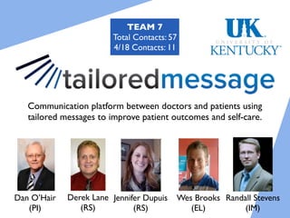 IntellimessageTEAM 7
                         Total Contacts: 57
                         4/18 Contacts: 11
                               Team 7


                Tailored medical messaging system through patient
                proﬁle generation and tailored post-care messaging

   Communication platform between doctors and patients using
   tailored messages to improve patient outcomes and self-care.

                    Dan O’Hair   Derek Lane   Wes Brooks   Randall Stevens
                       (PI)        (RA)          (EL)           (IM)




Dan O’Hair   Derek Lane Jennifer Dupuis       Wes Brooks Randall Stevens
   (PI)         (RS)          (RS)               (EL)         (IM)
 