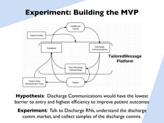 Experiment: Building the MVP




Hypothesis: Discharge Communications would have the lowest
barrier to entry and highest efﬁciency to improve patient outcomes
 Experiment: Talk to Discharge RNs, understand the discharge
   comm. market, and collect samples of the discharge comms.
 
